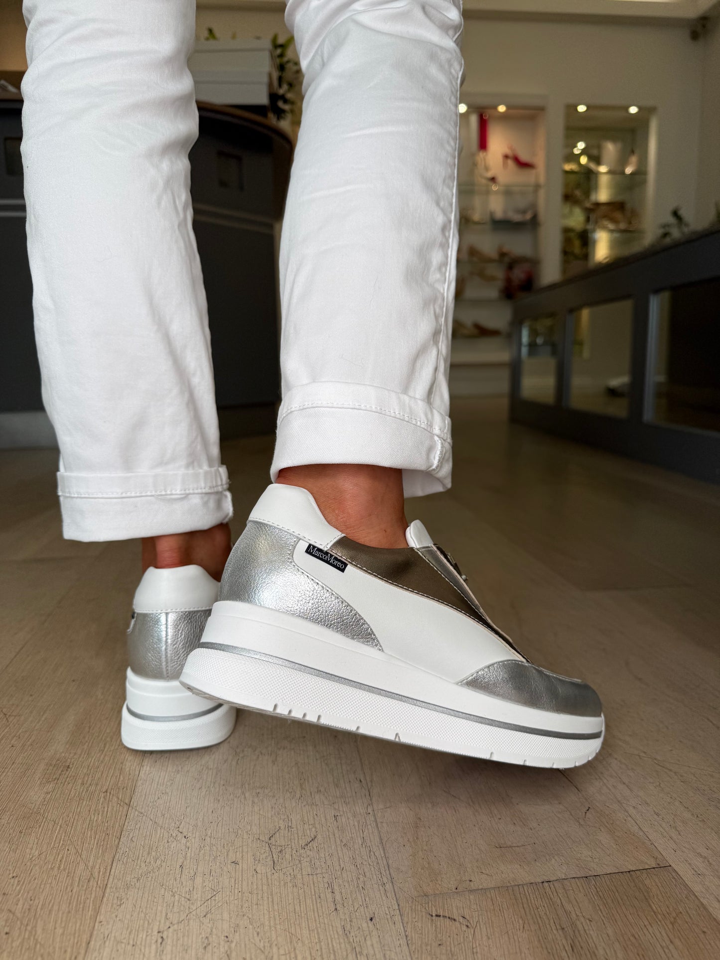 Marco Moreo - White Metallic Multi Zip Up Wedge Shoe