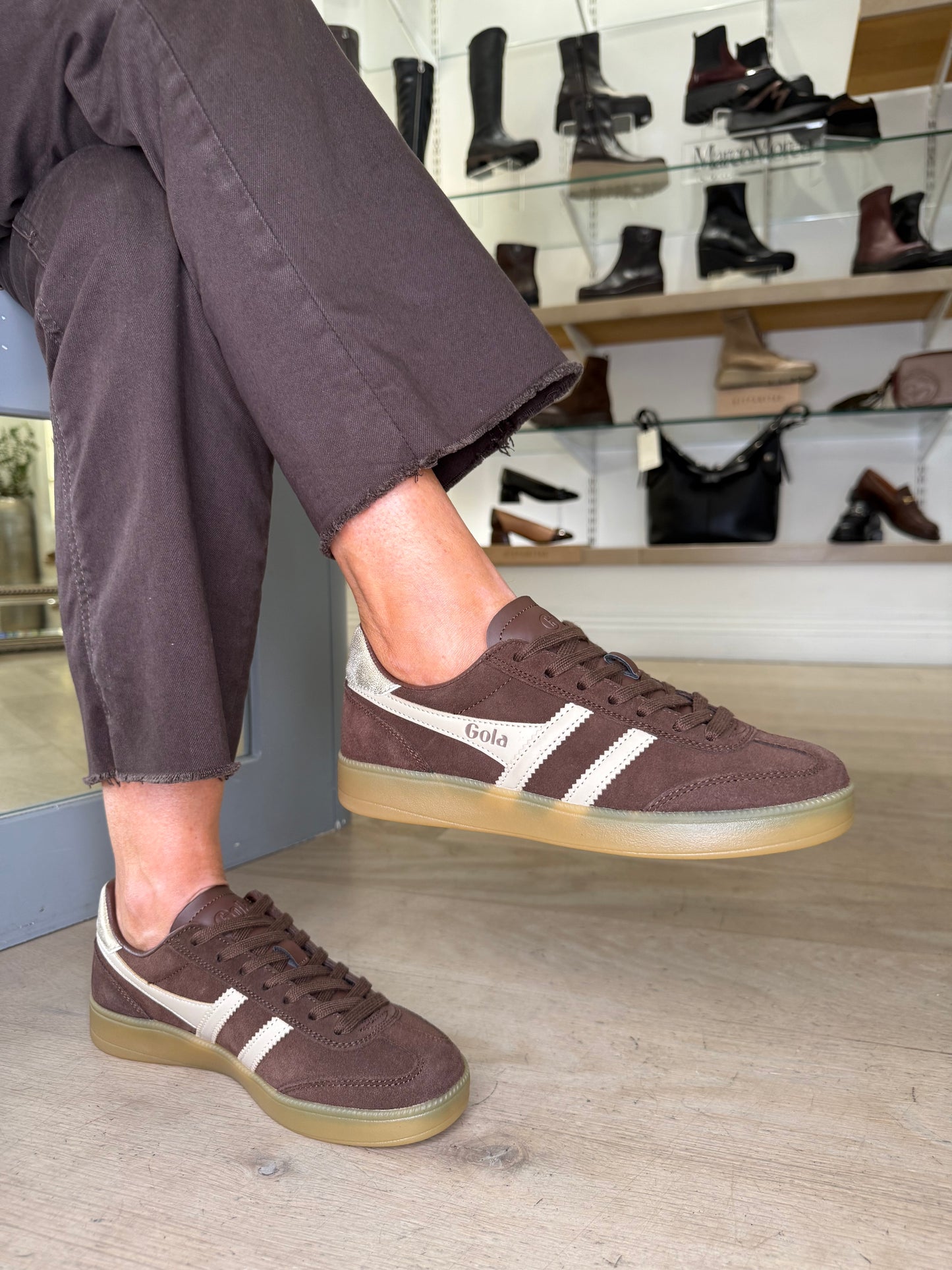 Gola -Viper Rich Brown Suede Trainer With Bone & Gold Coloured Trim