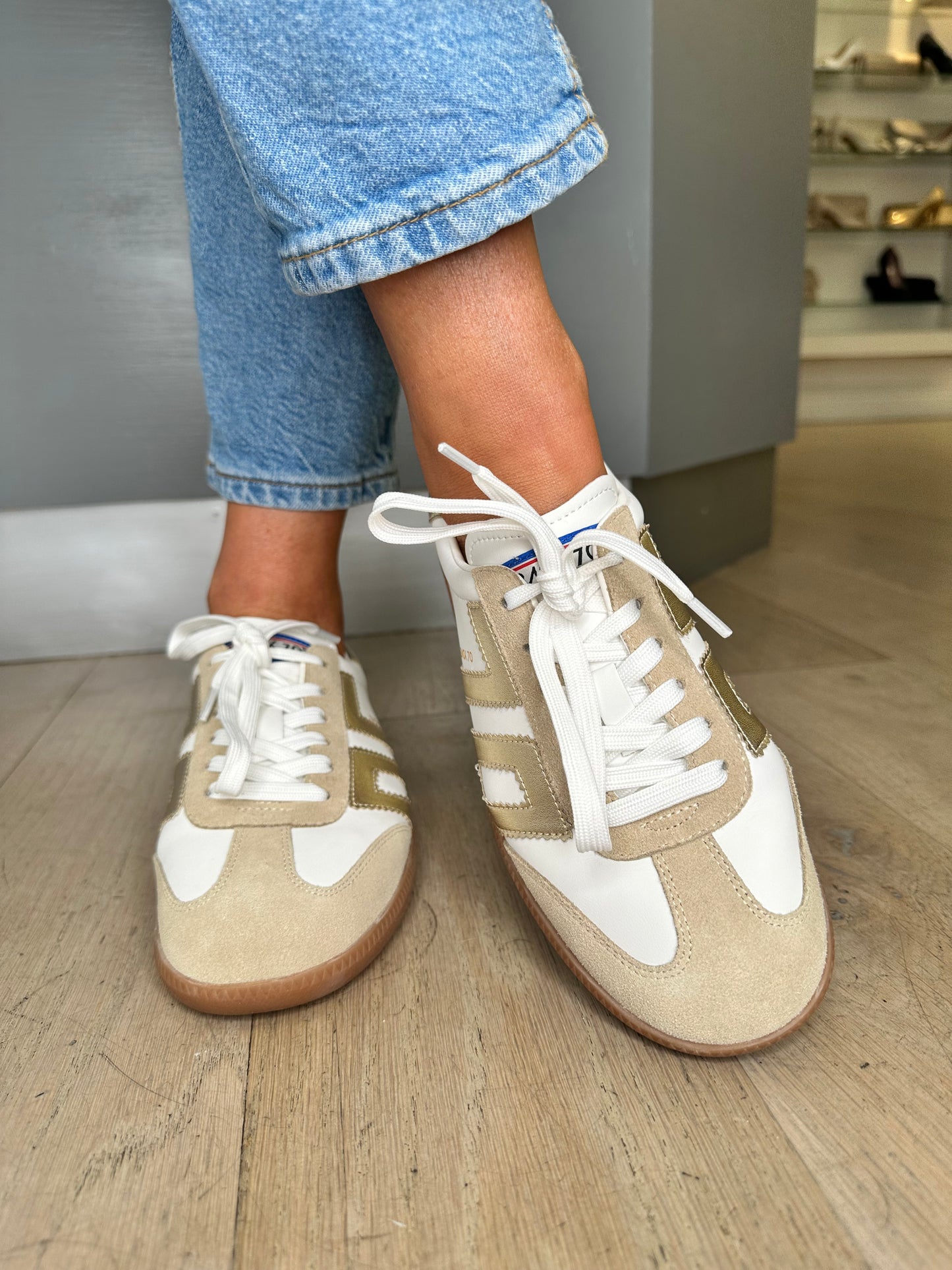 Back 70 - Cloud White / Metallic Gold Trainer With Beige Suede Trim