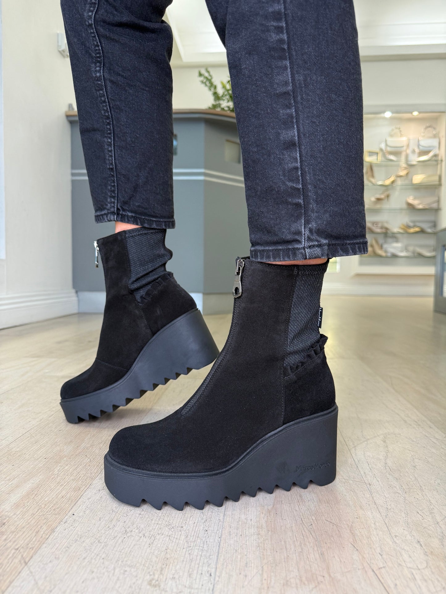 Marco Moreo - Black Suede Chunky Sole Wedge Boot With Frill Detail