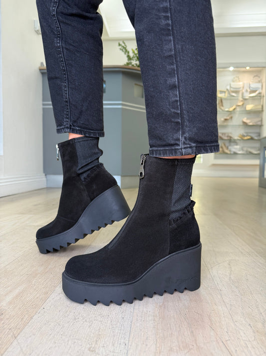 Marco Moreo - Black Suede Chunky Sole Wedge Boot With Frill Detail