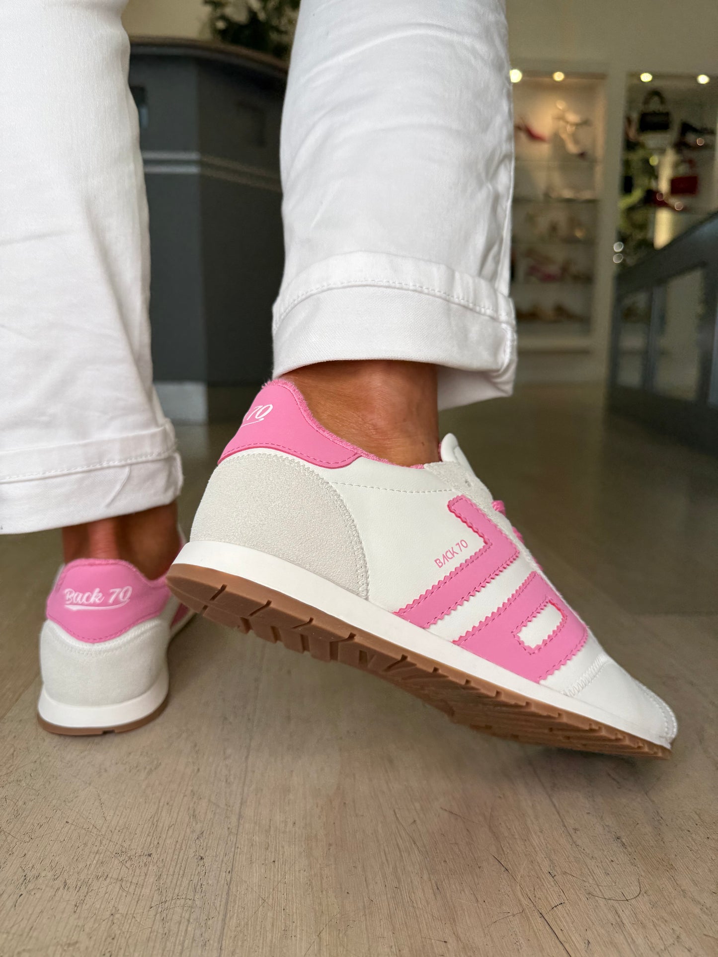 Back 70 -White Leather Trainer With Soft Stone Suede & Candy Pink Trim