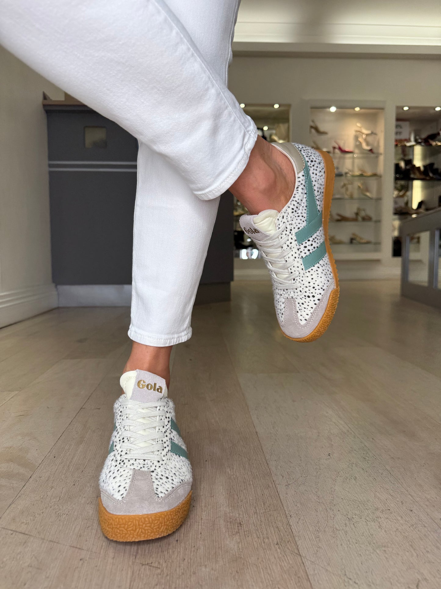 Gola - Elan Cheetah Print Trainer With Feather Grey Suede & Sage Green Trim