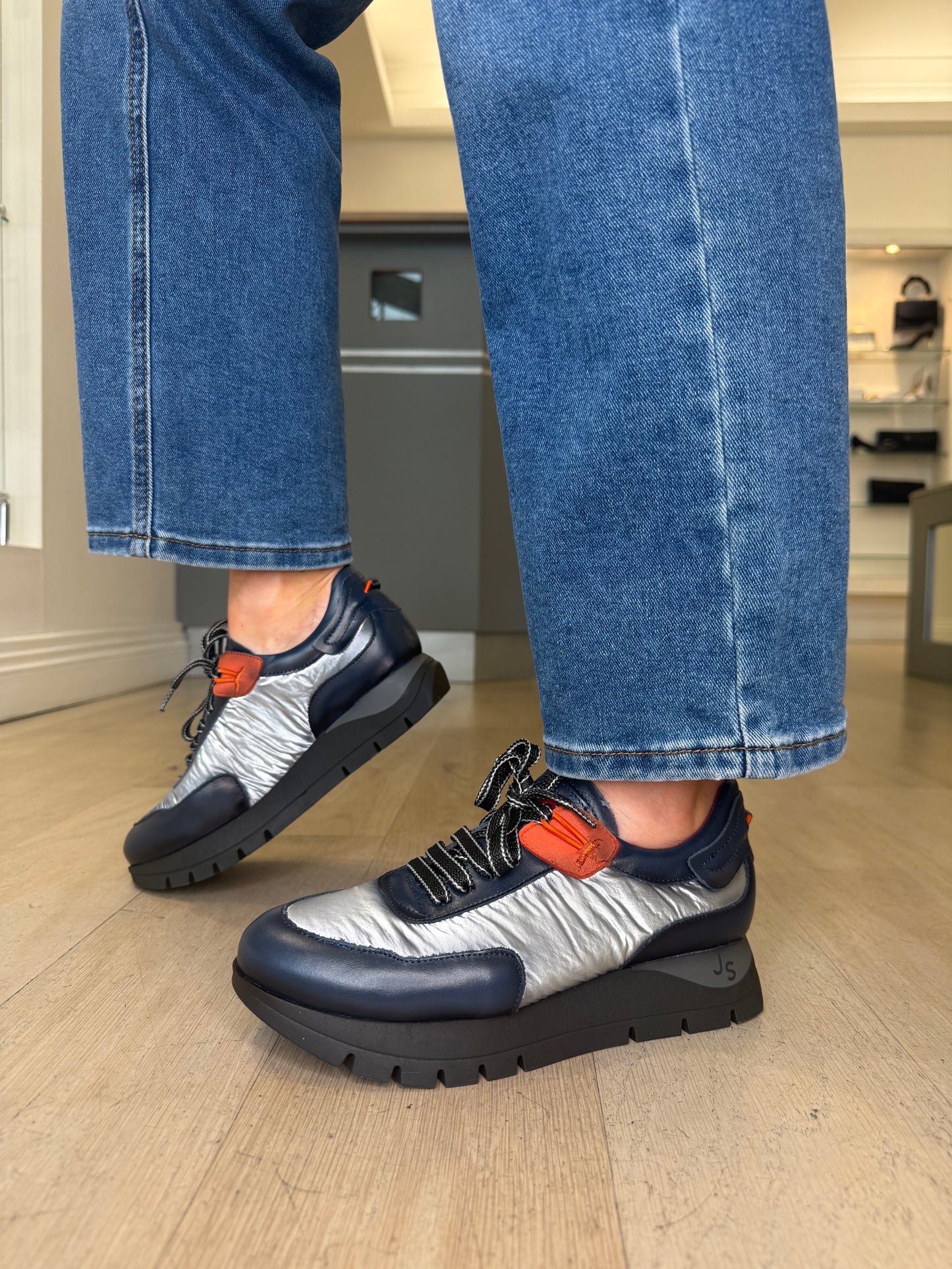 Jose Saenz - Dark Navy Leather Trainer With Metallic Silver Cushioned Fabric & Orange Trim