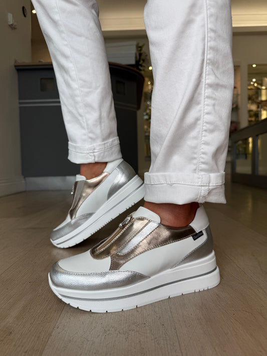 Marco Moreo - White Metallic Multi Zip Up Wedge Shoe