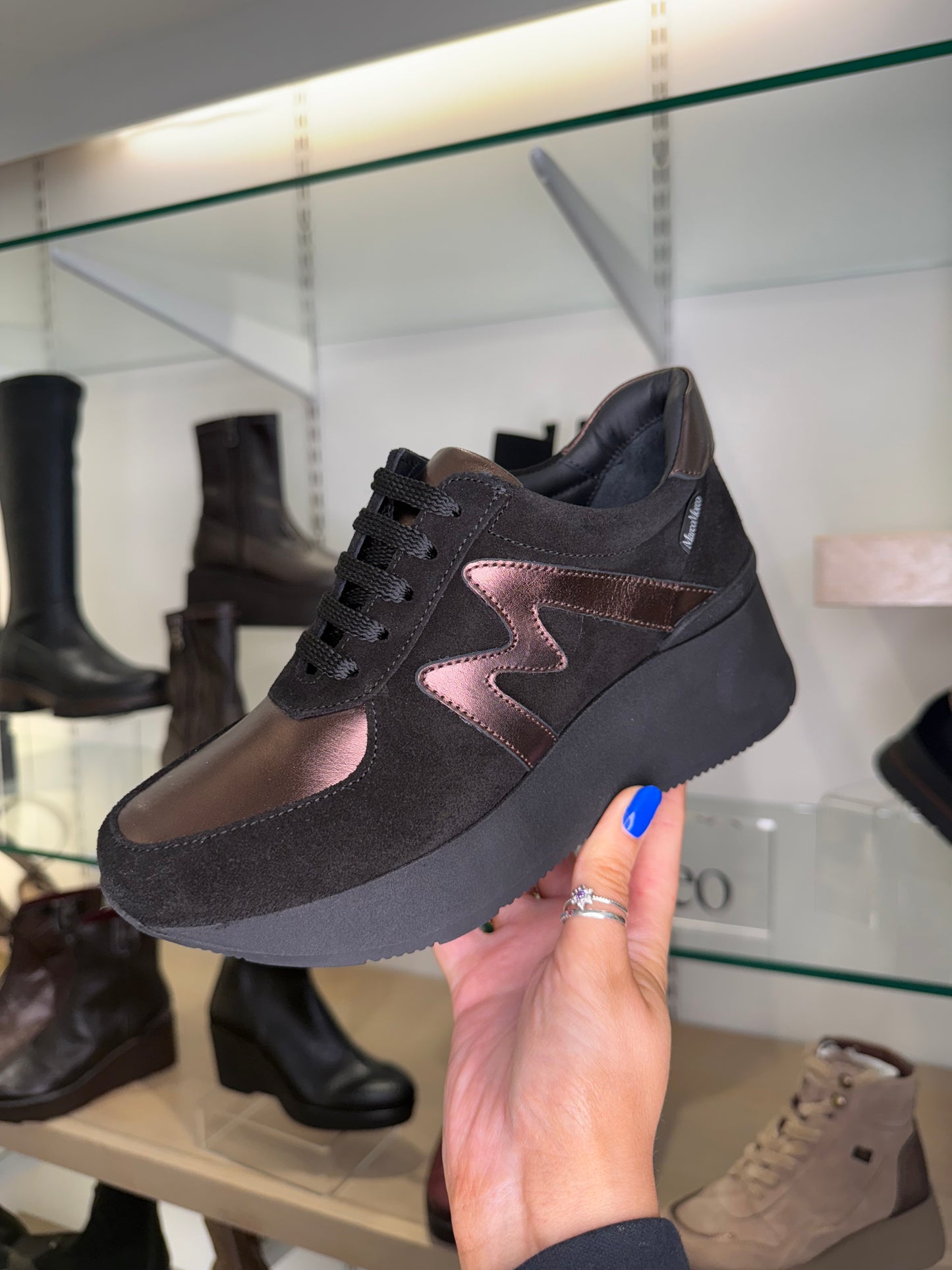 Marco Moreo - Black Suede & Soft Bronze Lace Up Wedge Trainer