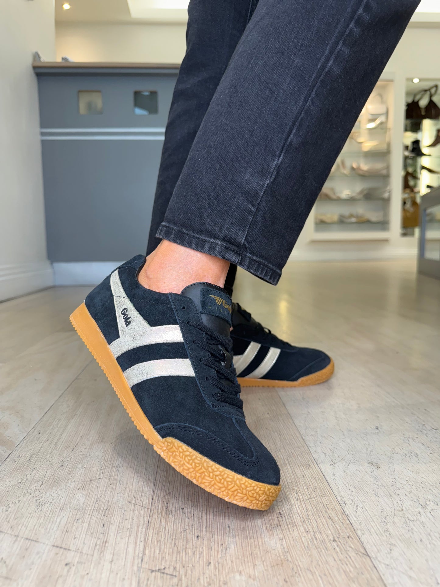 Gola -Harrier Mirror Black Suede Trainer With Gold Metallic Trim