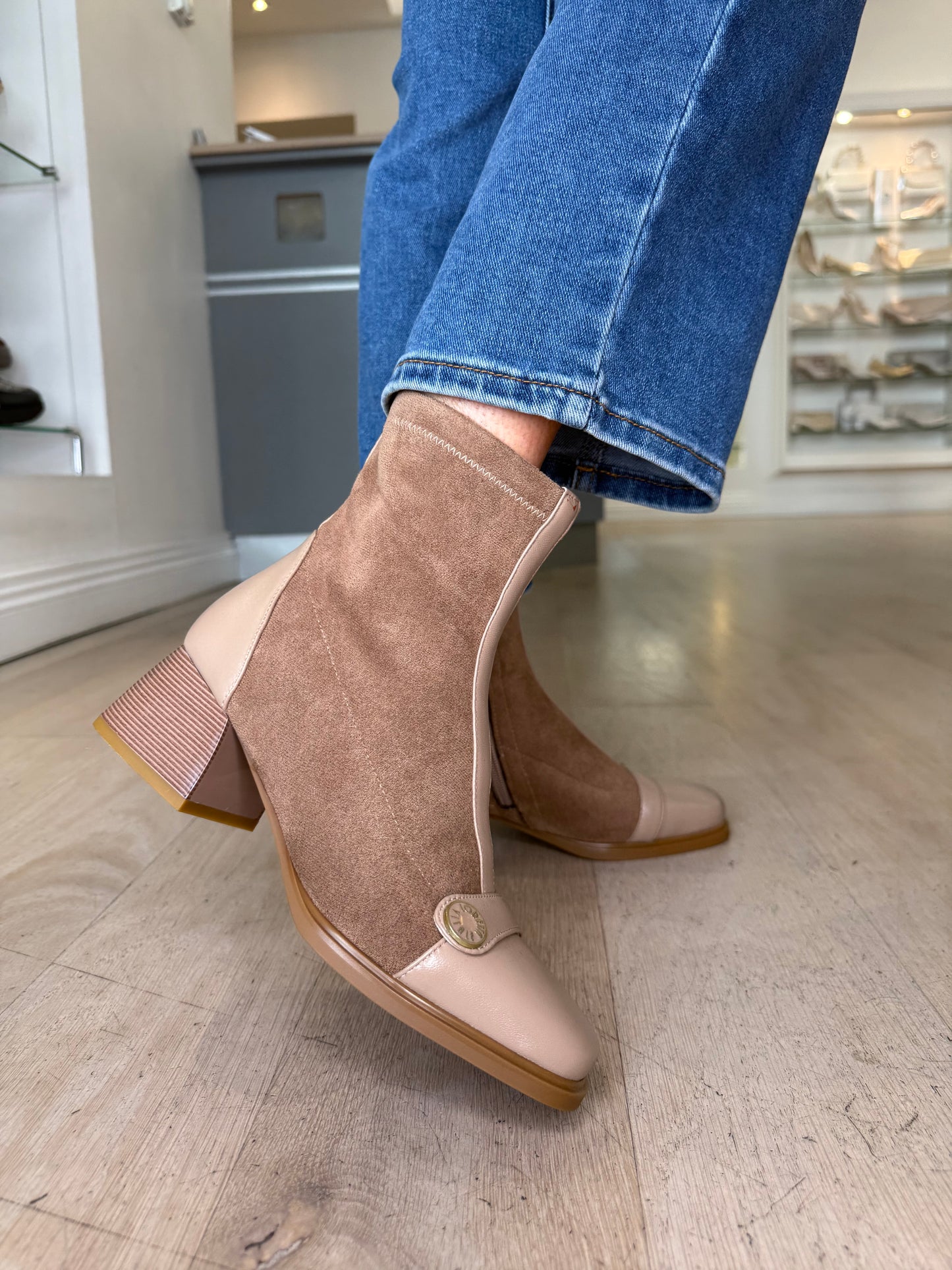 Loretta Vitale - Camel Suede & Leather Mix Square Toe Boot