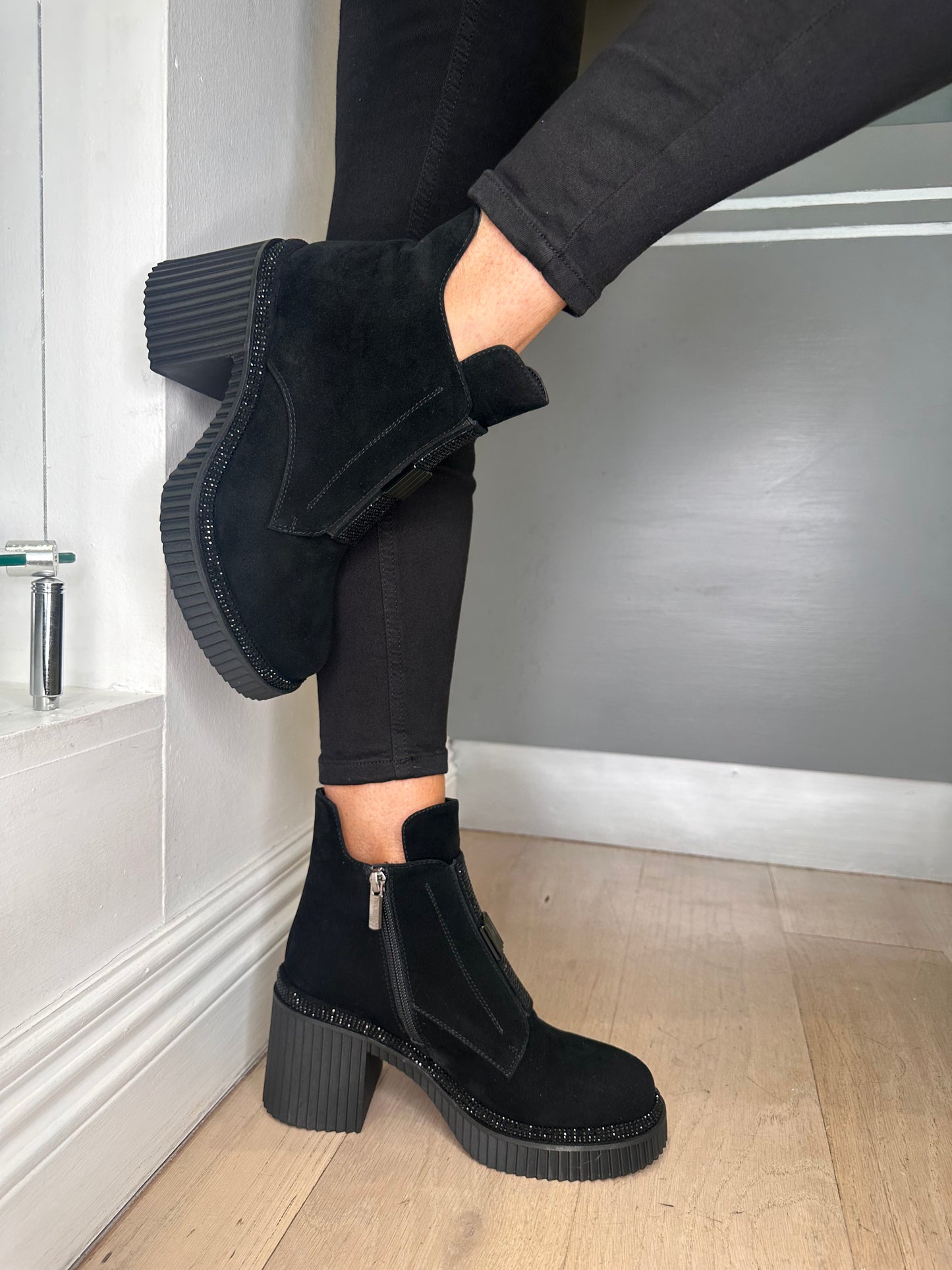 Loretta Vitale - Black Suede Block Heel Boot With Black Stone Trim