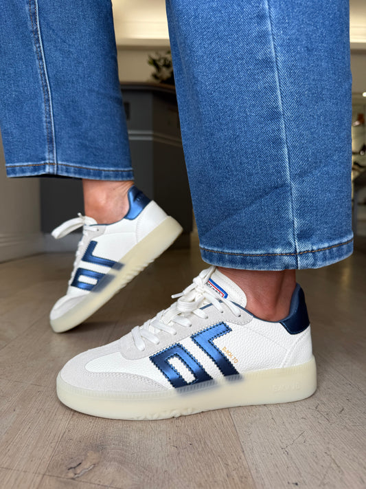 Back 70 - Boston White Leather/ Stone Suede Trainer With Ice Blue Metallic Trim