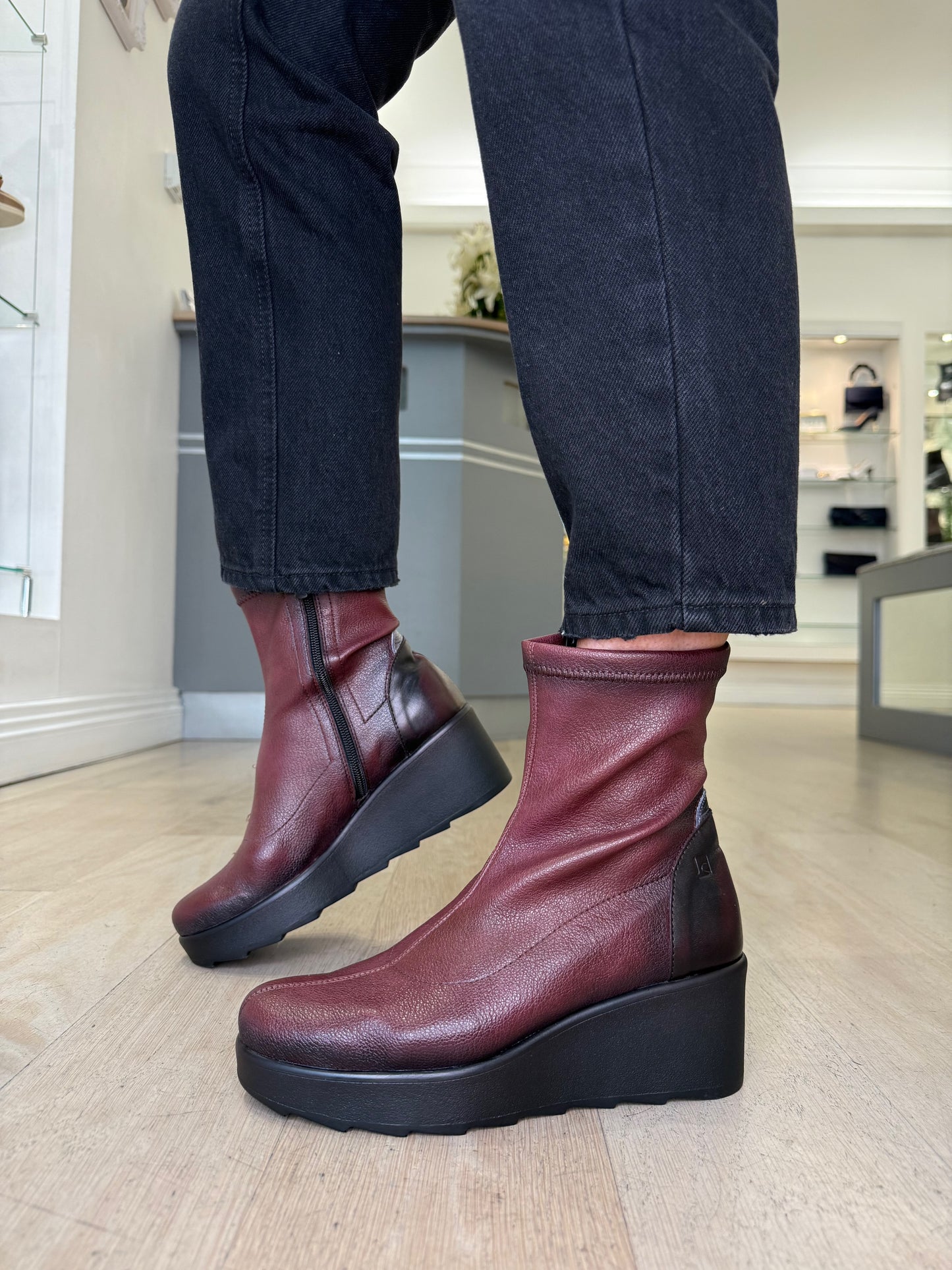 Jose Saenz - Rich Wine Stretch Leather Wedge Boot With Pewter Trim