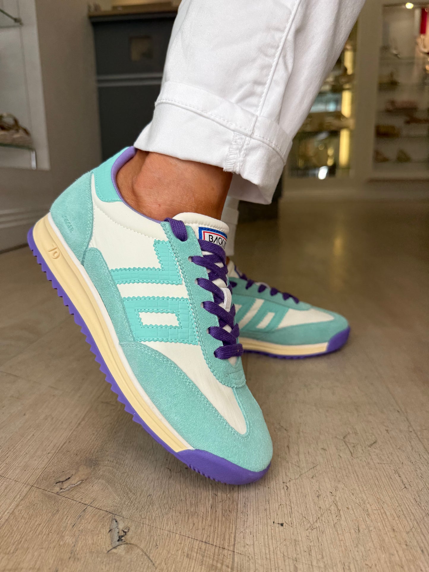 Back 70 - Jogger Mint Suede Trainer With White Leather & Purple Trim