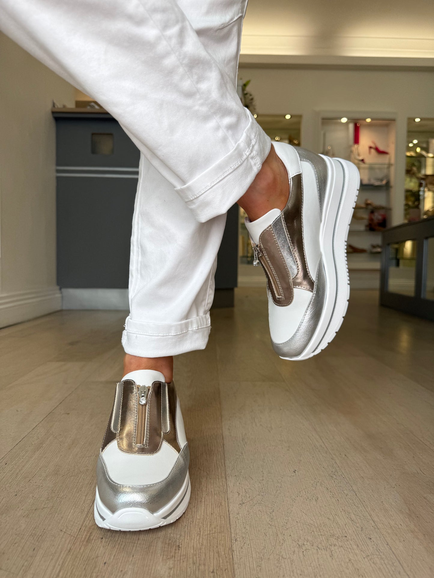 Marco Moreo - White Metallic Multi Zip Up Wedge Shoe