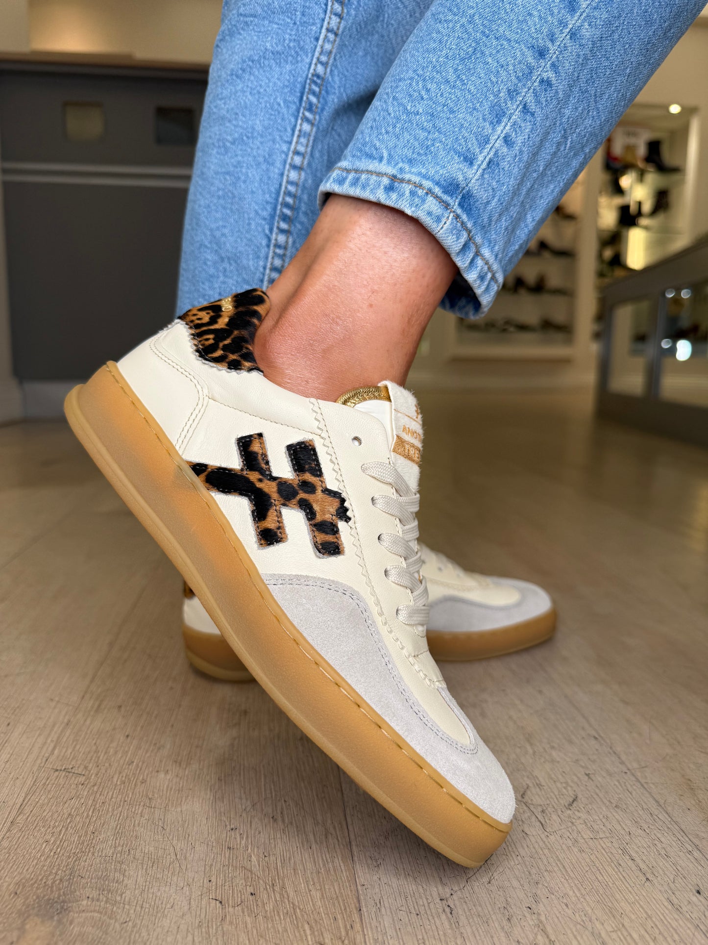 Another Trend - Stone Suede & Rich Cream Leather Trainer With Leopard Print Trim