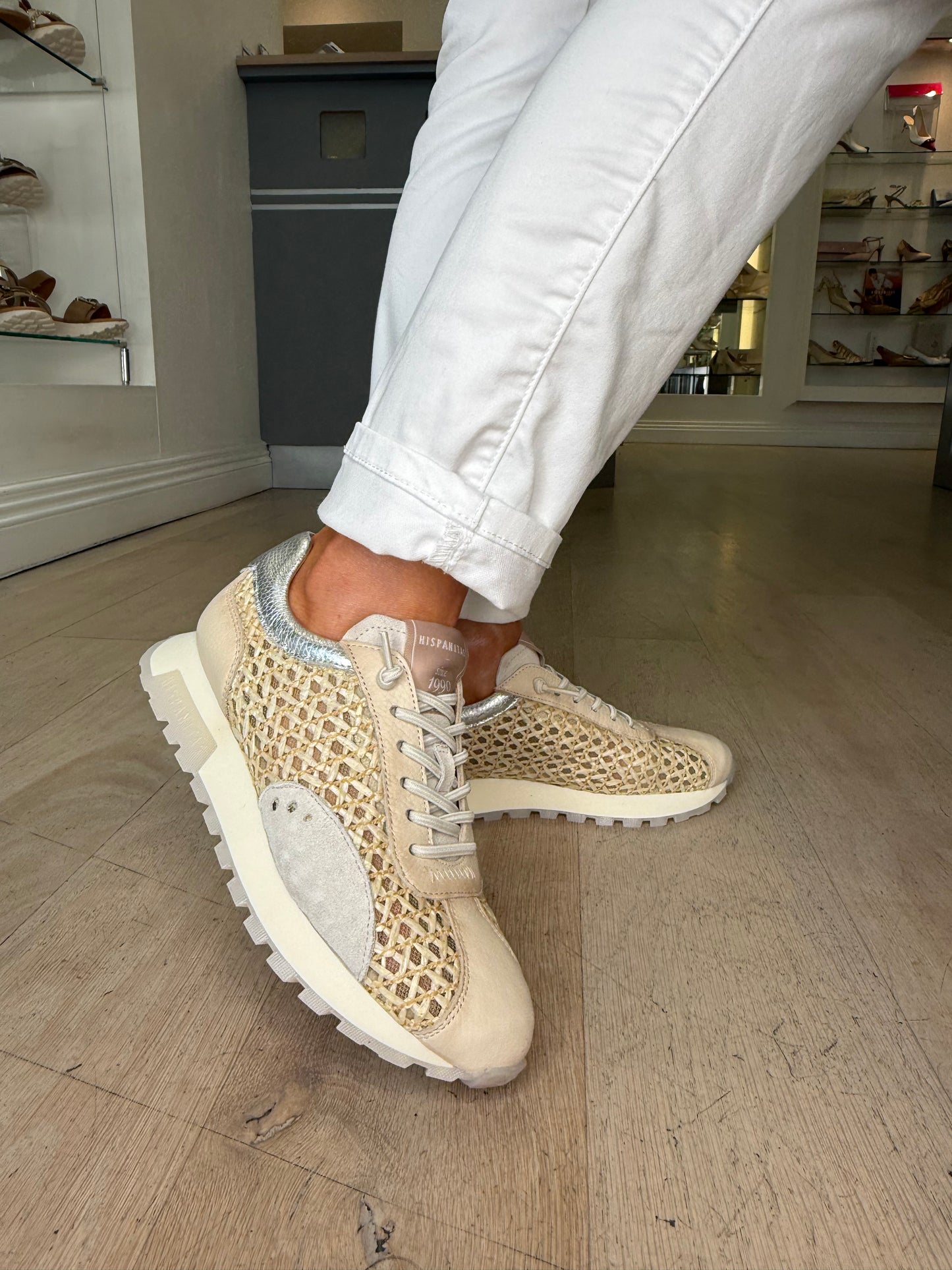 Hispanitas - Cream Weave/ Leather Mix Pull On Trainer With Silver Trim