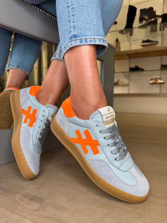 Another Trend - Sky Blue Suede/ Metallic Leather Trainer With Orange Trim