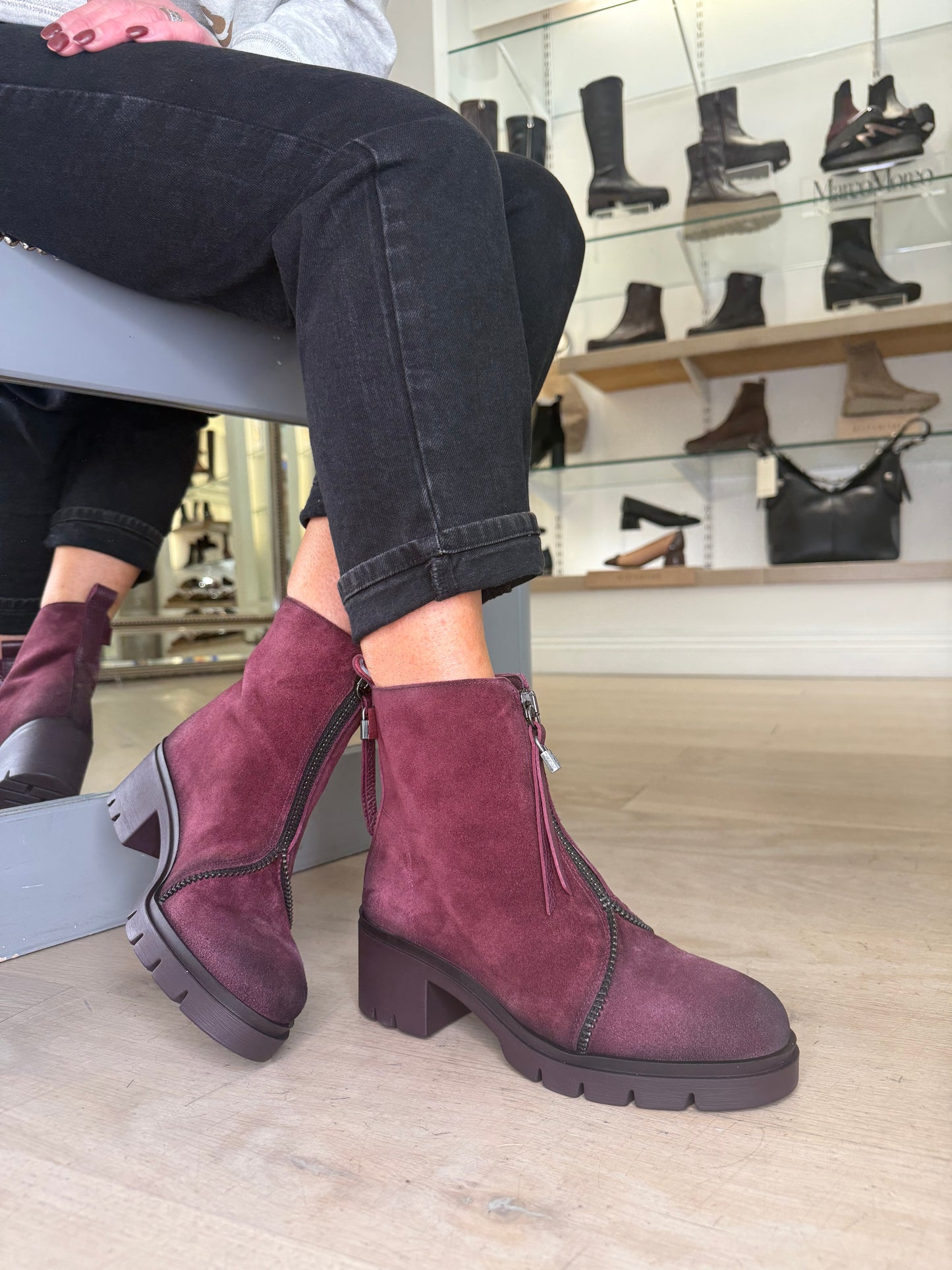 Hispanitas - Burgundy Distressed Suede Chunky Sole Boot With Zip Detail Trim