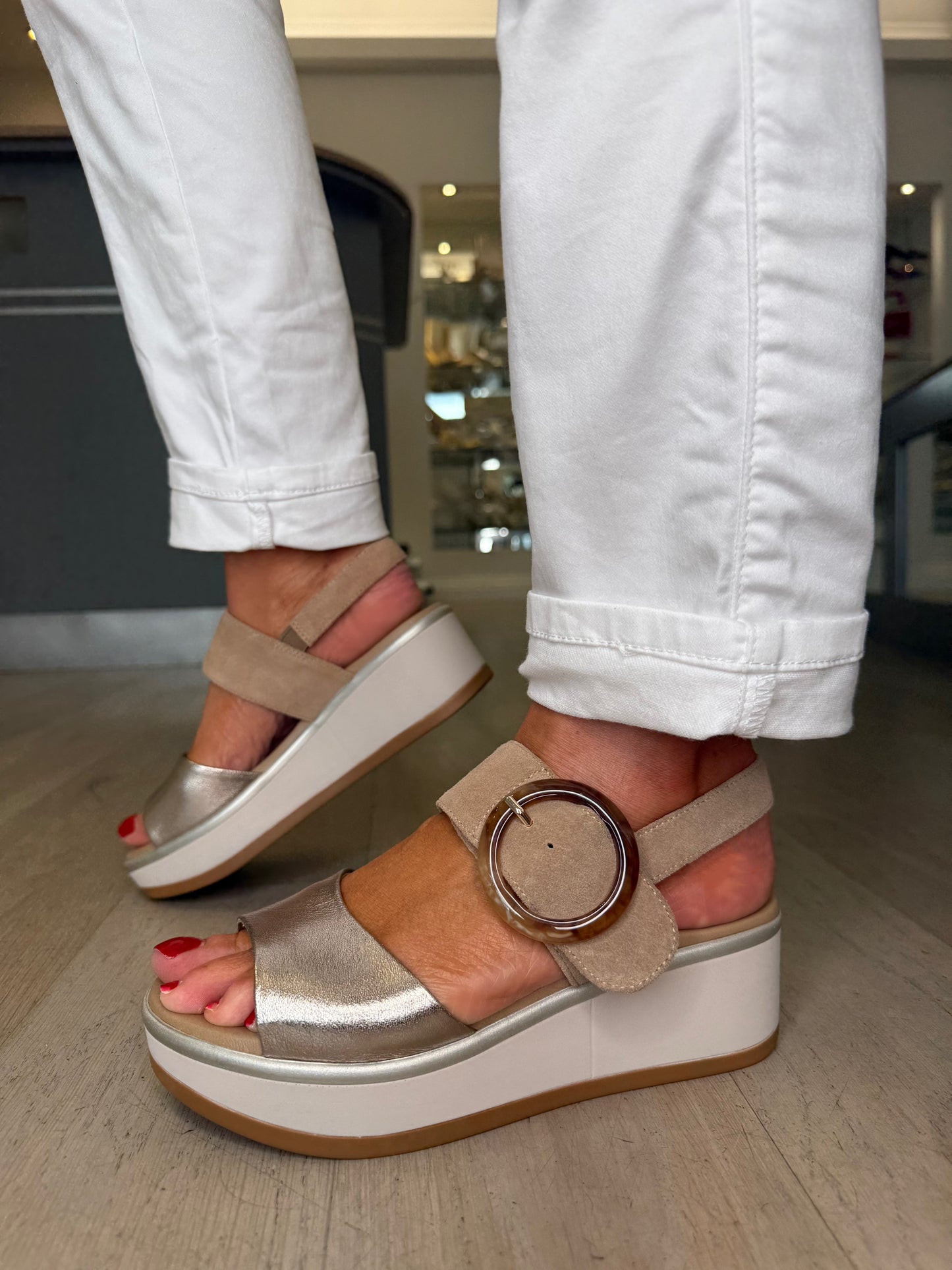 Repo - Soft Bronze & Sand Suede Wedge Sandal With Velcro Strap