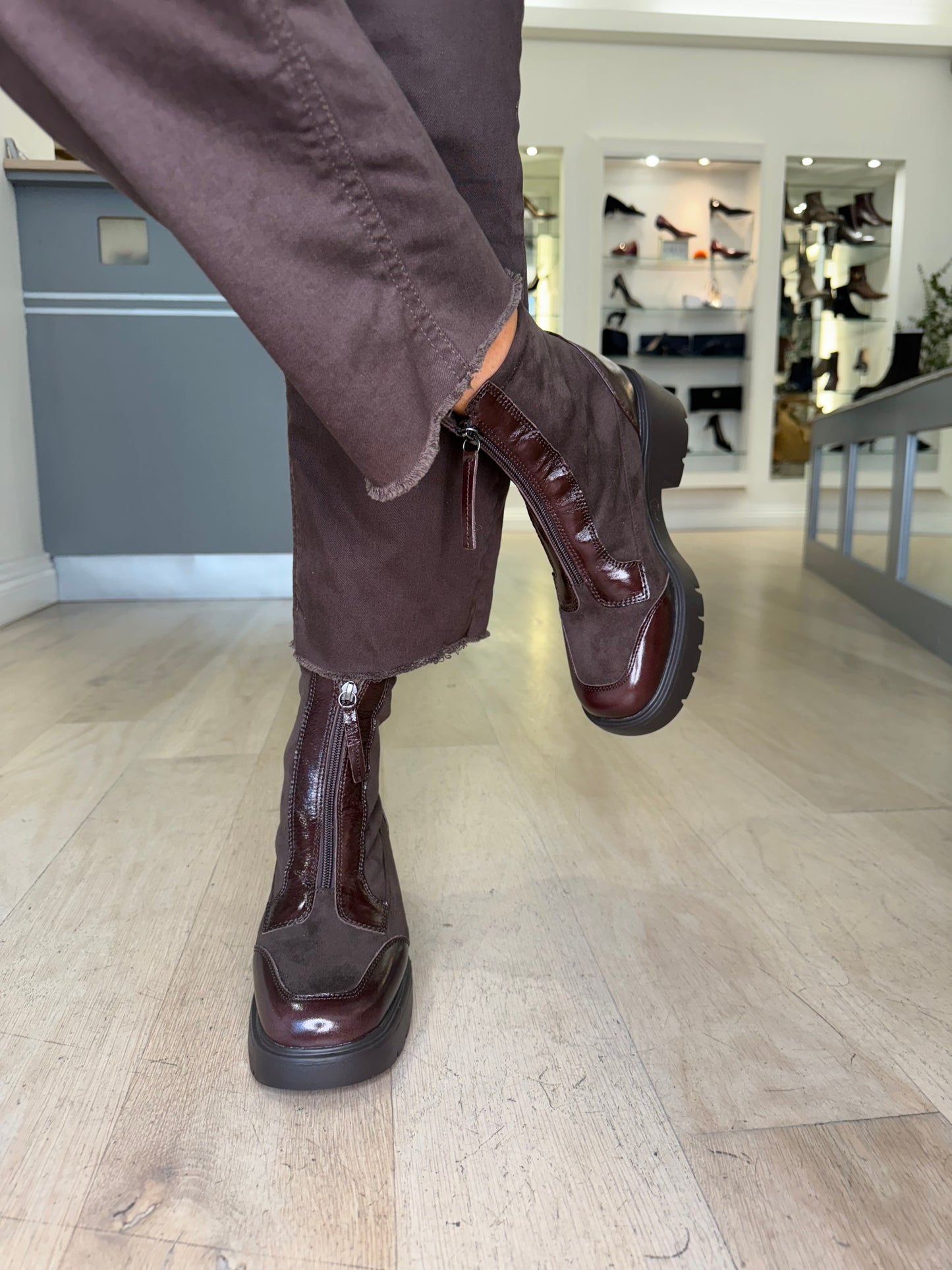 Unisa -Brown Patent & Stretch Suede Mix Zip Up Boot