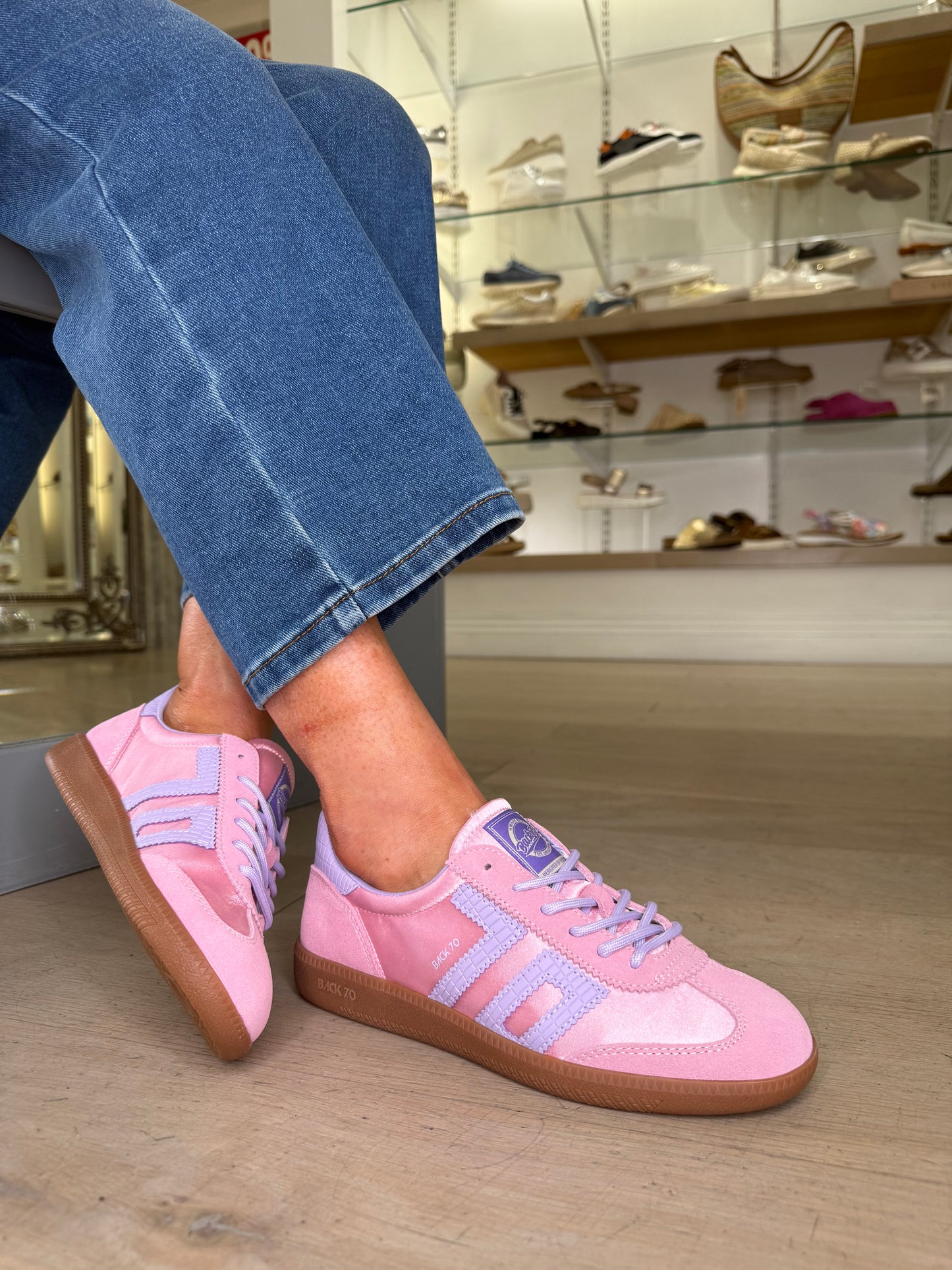Back 70 - Candy Pink Satin/Suede Trainer With Lilac Trim