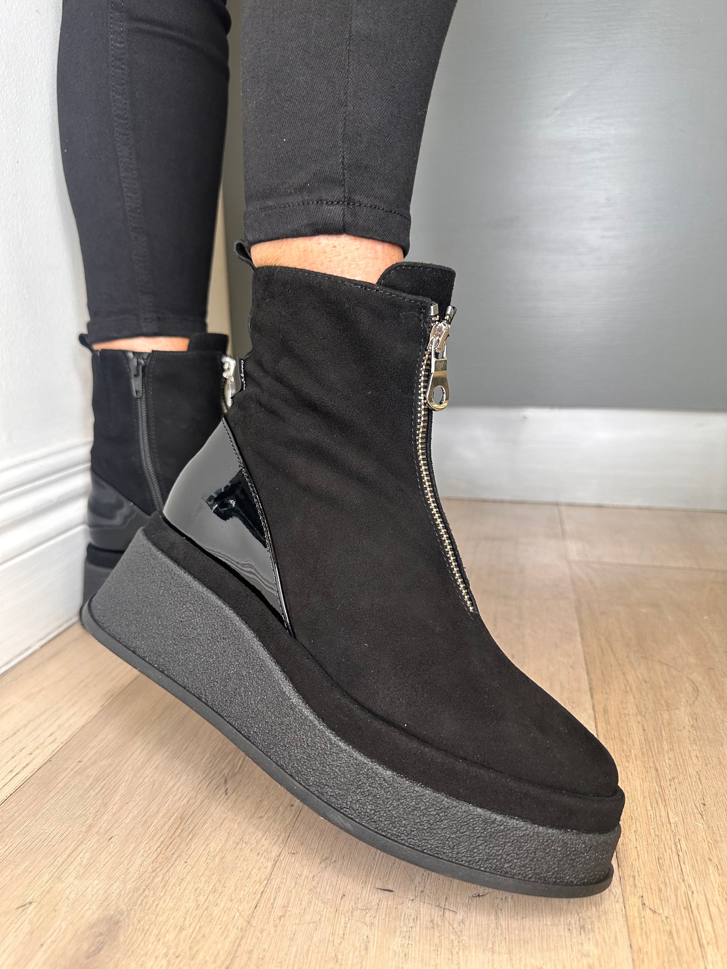 Marco Moreo - Patsy Black Suede Wedge Boot With Silver Zip & Patent Trim Detail