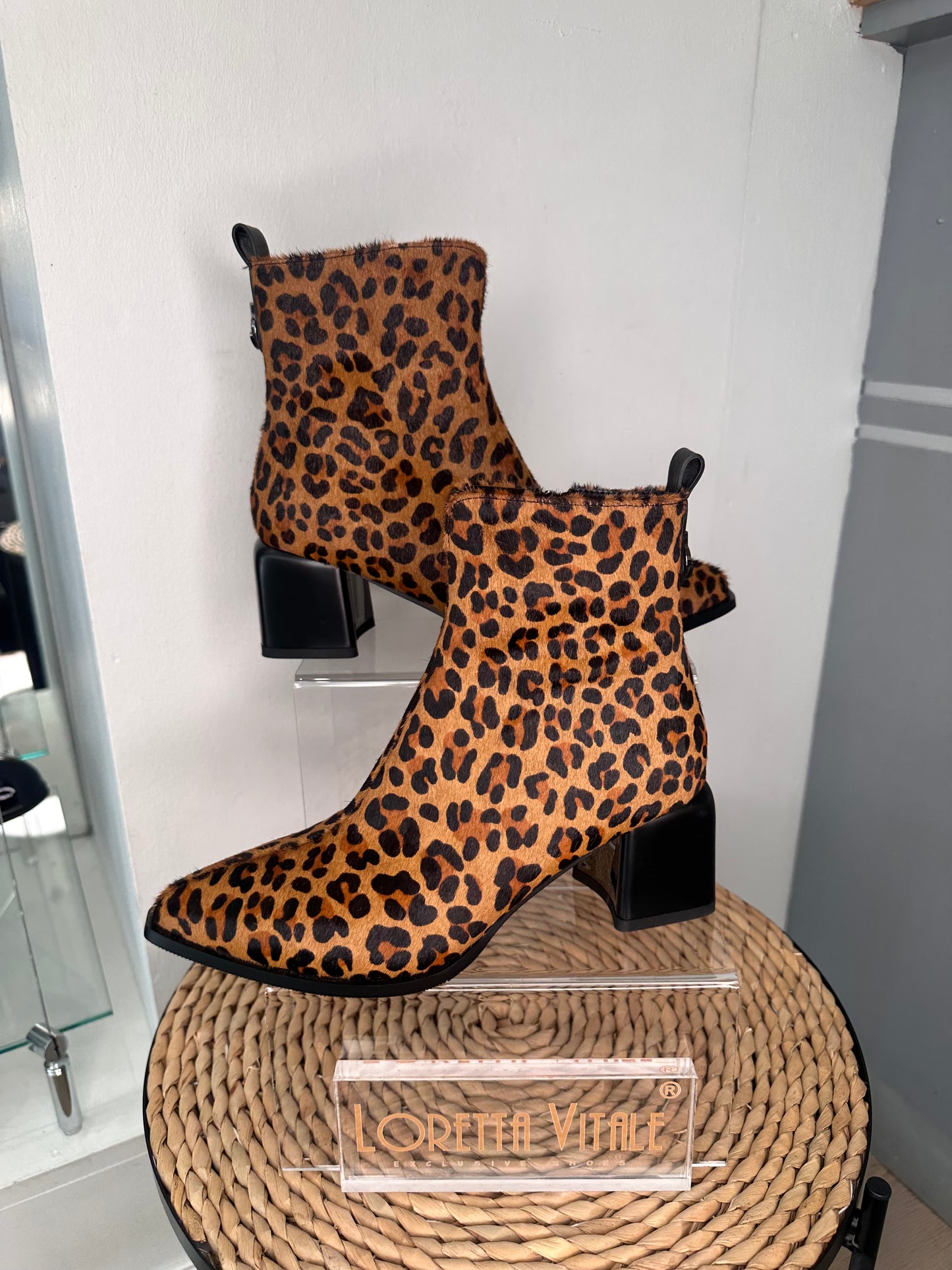 Loretta Vitale -  Leopard Print Pointy Toe Block Heel Boot