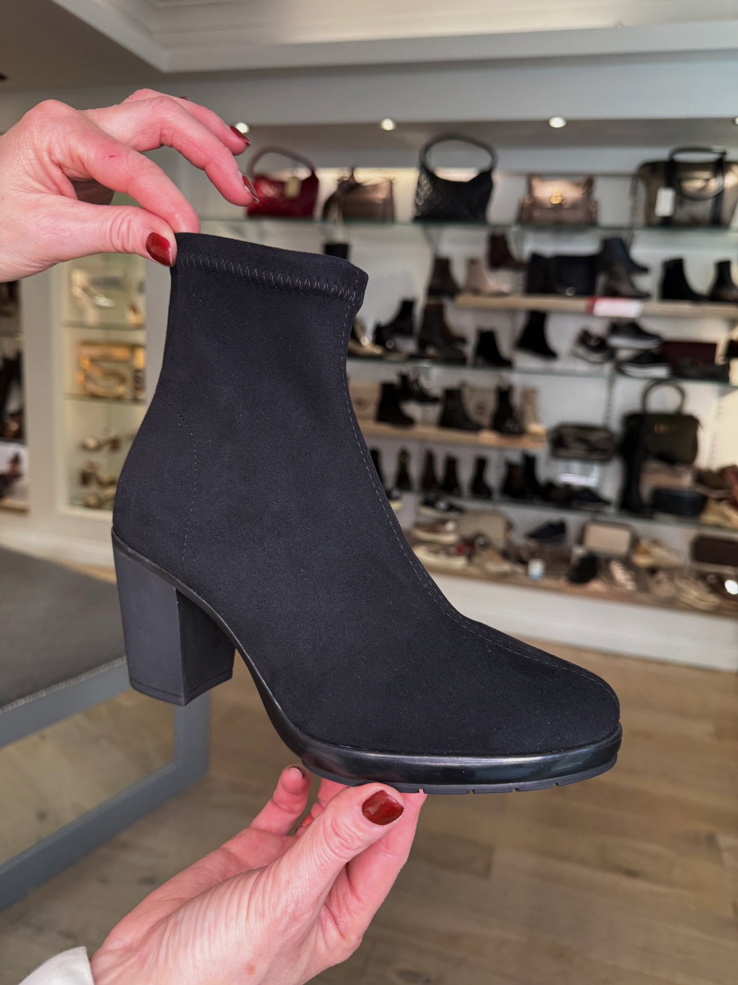 Miss Elastic - Black Suede Block Heel Ankle Boot