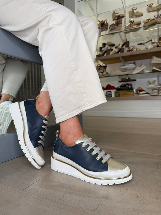 XSA - Navy & Cream Lace Up Wedge Shoe With Gold Trim