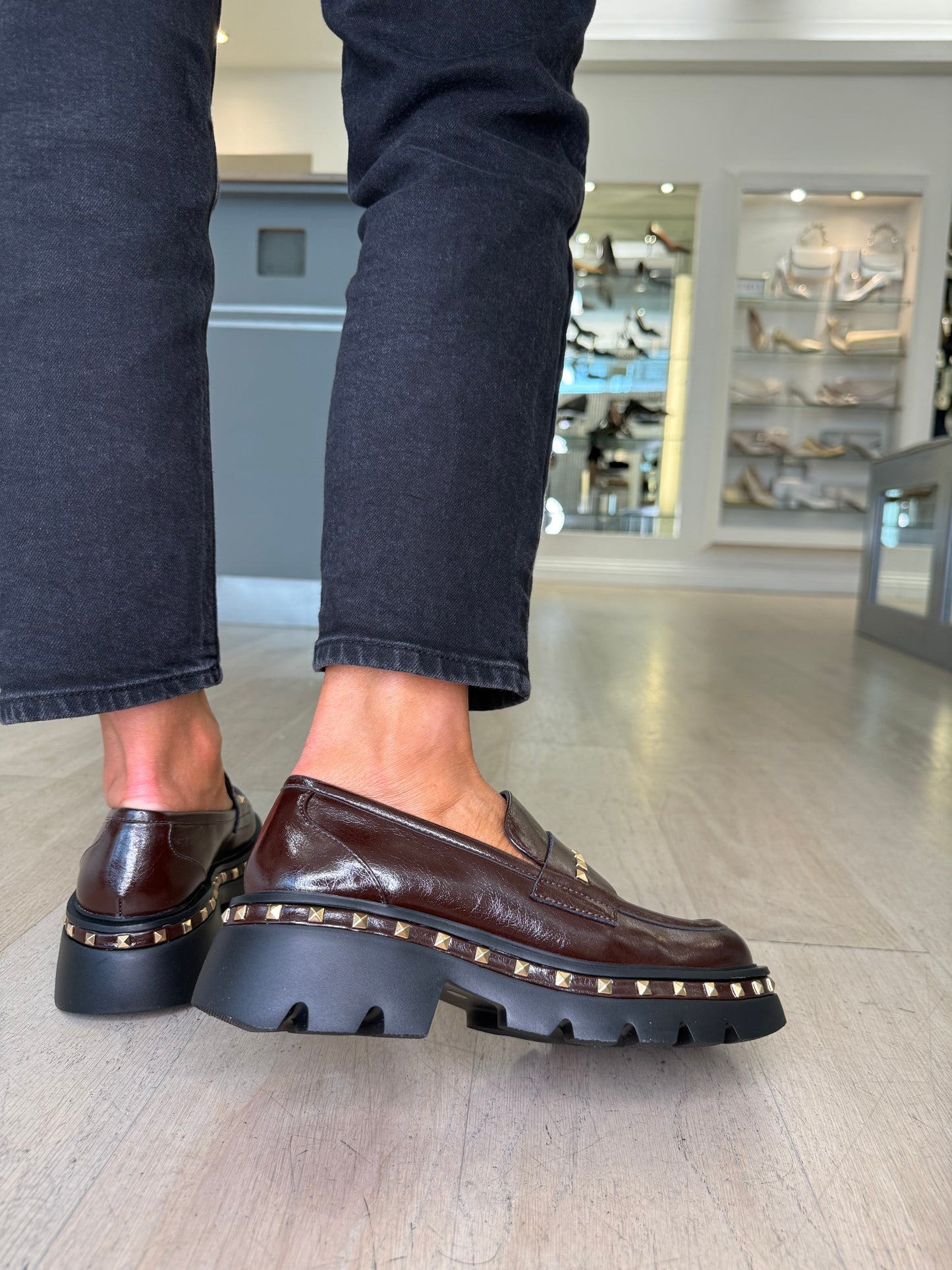 Lodi - Rich Brown Nappa Leather Chunky Sole Loafer With Gold Stud Trim Detail