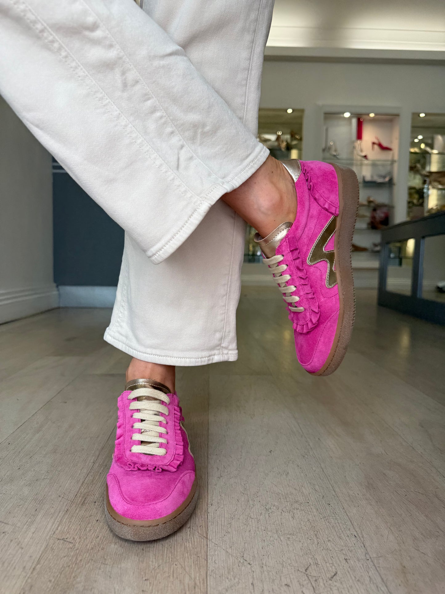 Marco Moreo - Hot Pink Suede Trainer With Soft Bronze Metallic Trim