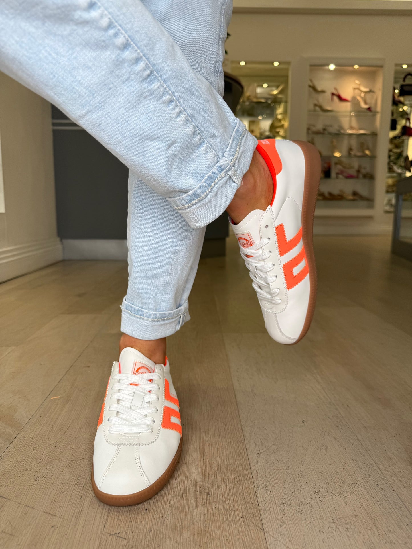 Back 70 -White Leather Trainer With Fluorescent Orange Trim