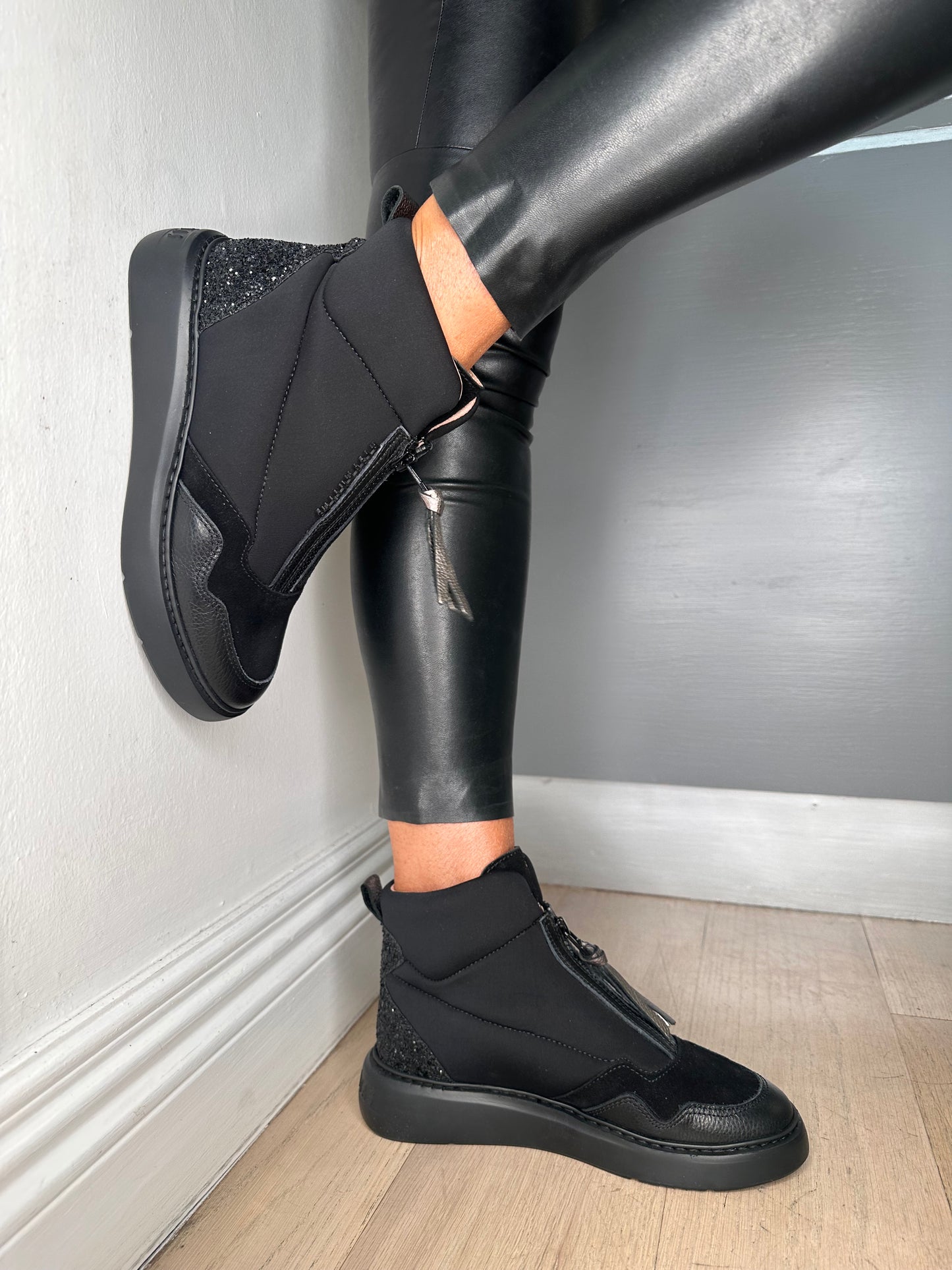 Hispanitas - Black Fabric/Suede Glitter Trim Sporty Boot