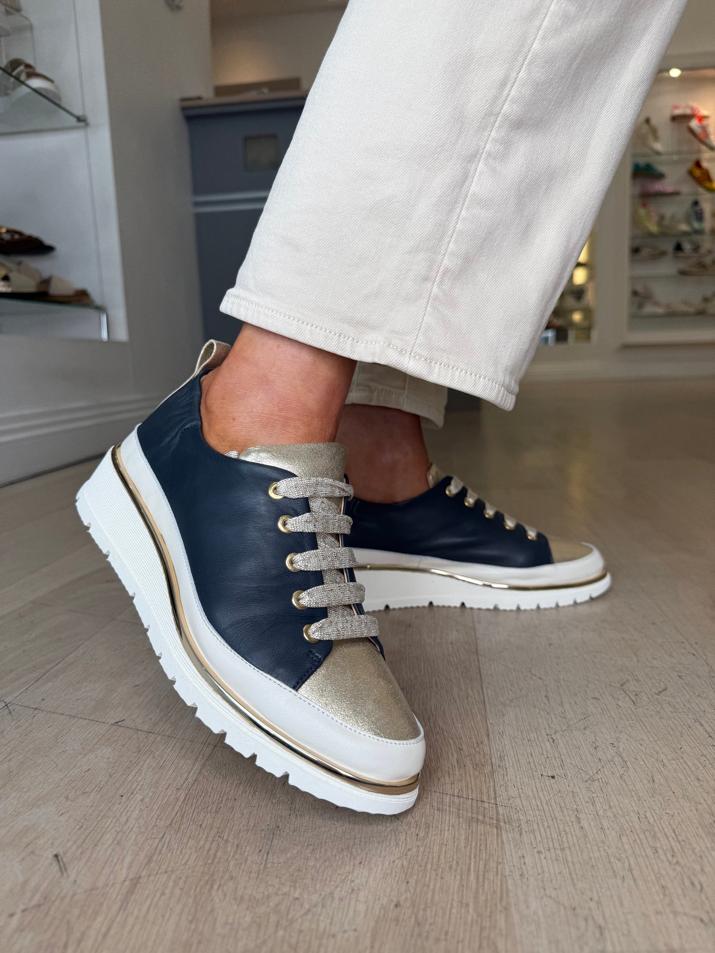 XSA - Navy & Cream Lace Up Wedge Shoe With Gold Trim