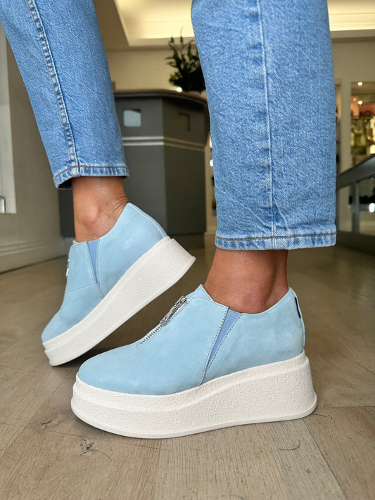 Marco Moreo - Sky Blue Suede Chunky Sole Shoe With Silver Zip