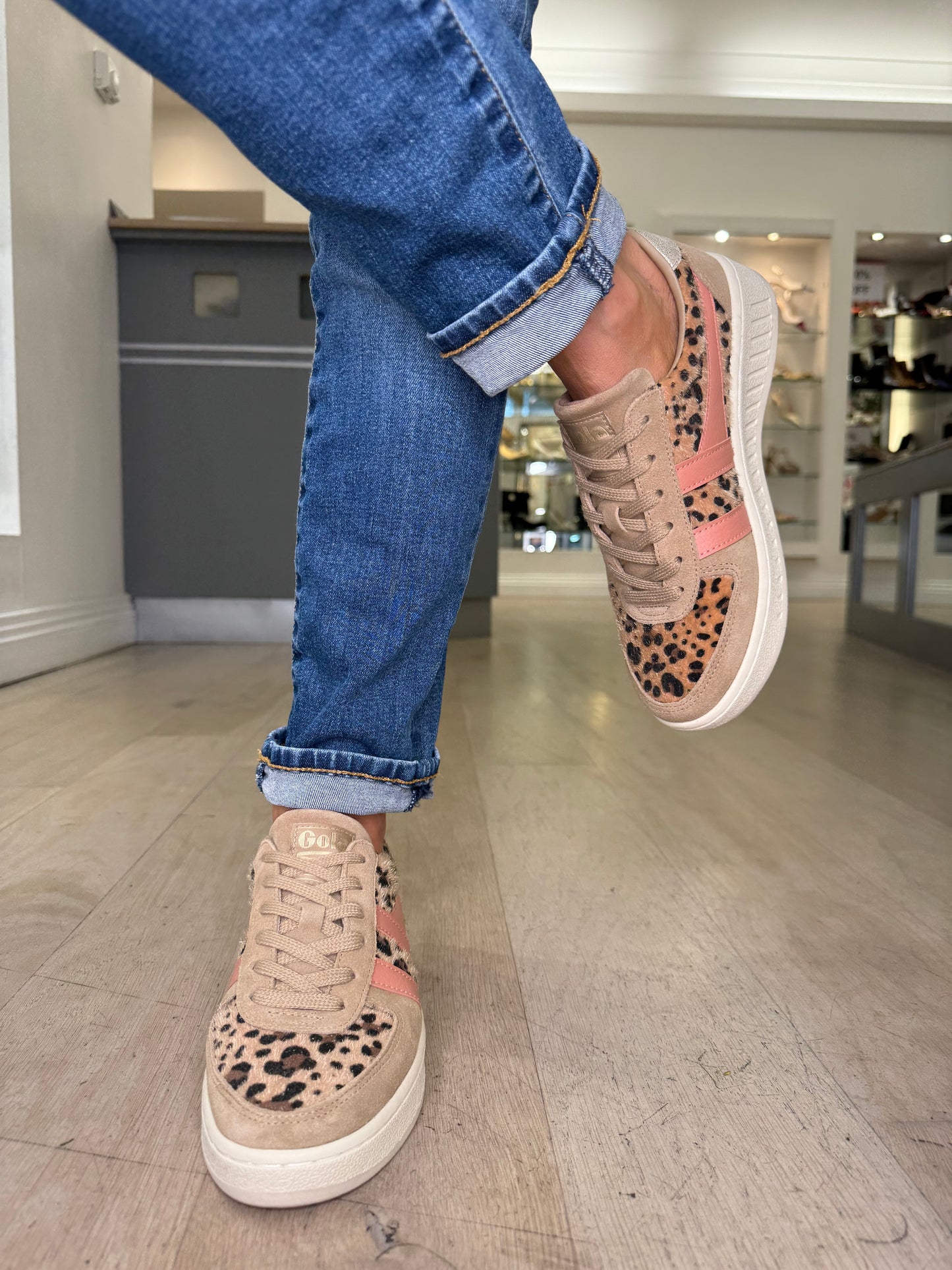 Gola - Grandslam Caramel Suede Trainer With Leopard Print & Coral Trim