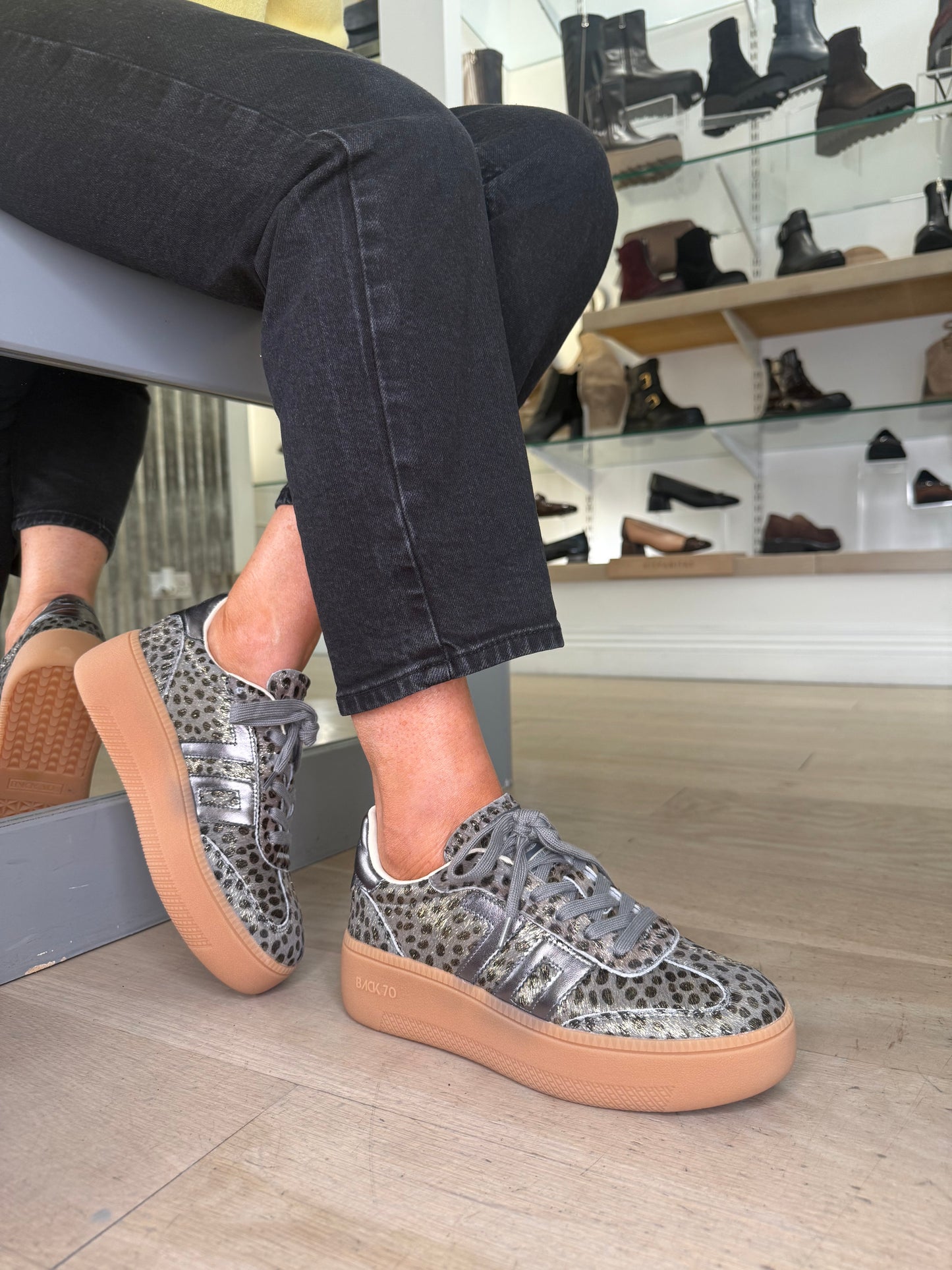 Back 70 - Cheetah Print Lace Up Gunmetal Flatform Trainer