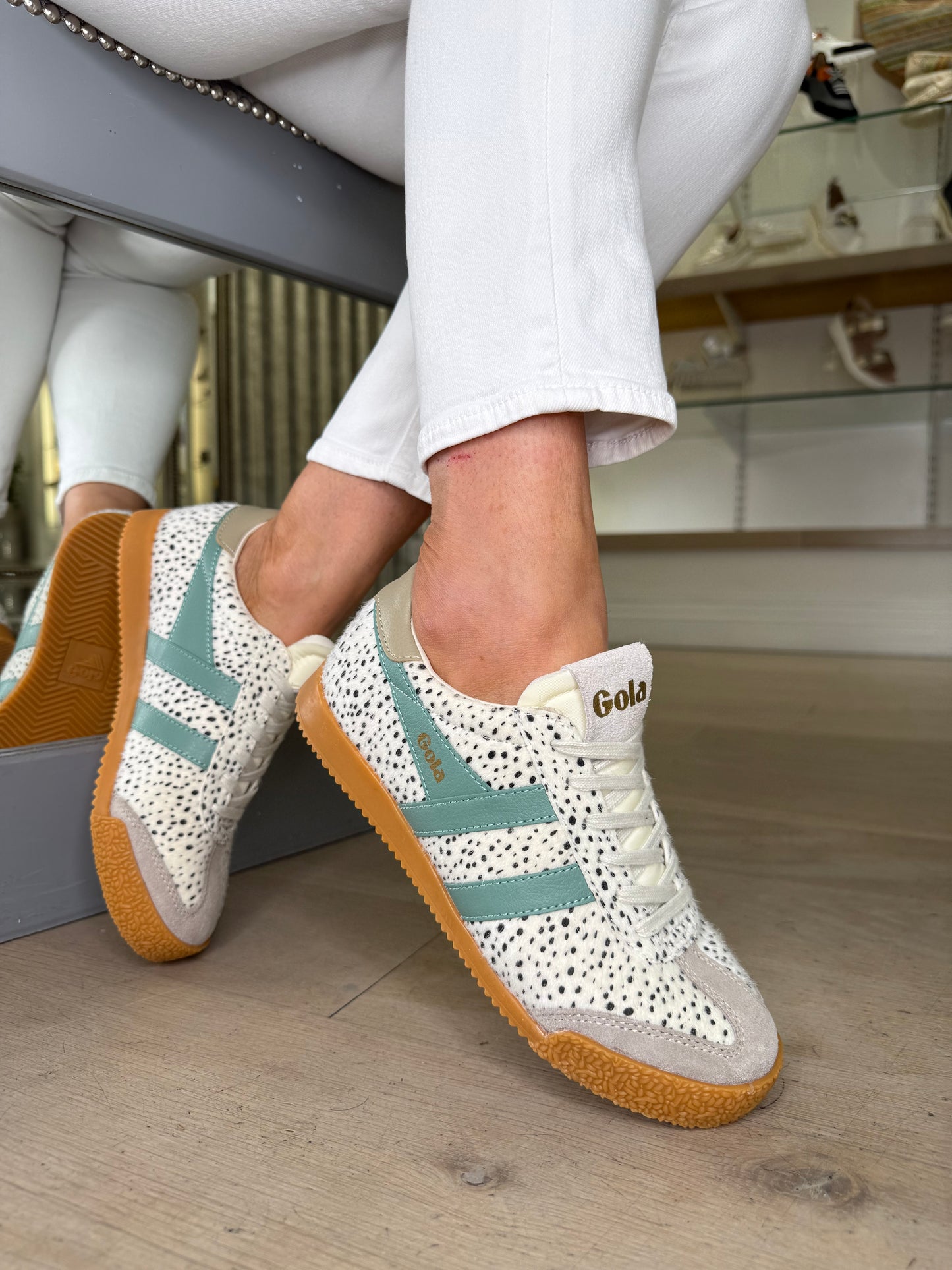 Gola - Elan Cheetah Print Trainer With Feather Grey Suede & Sage Green Trim