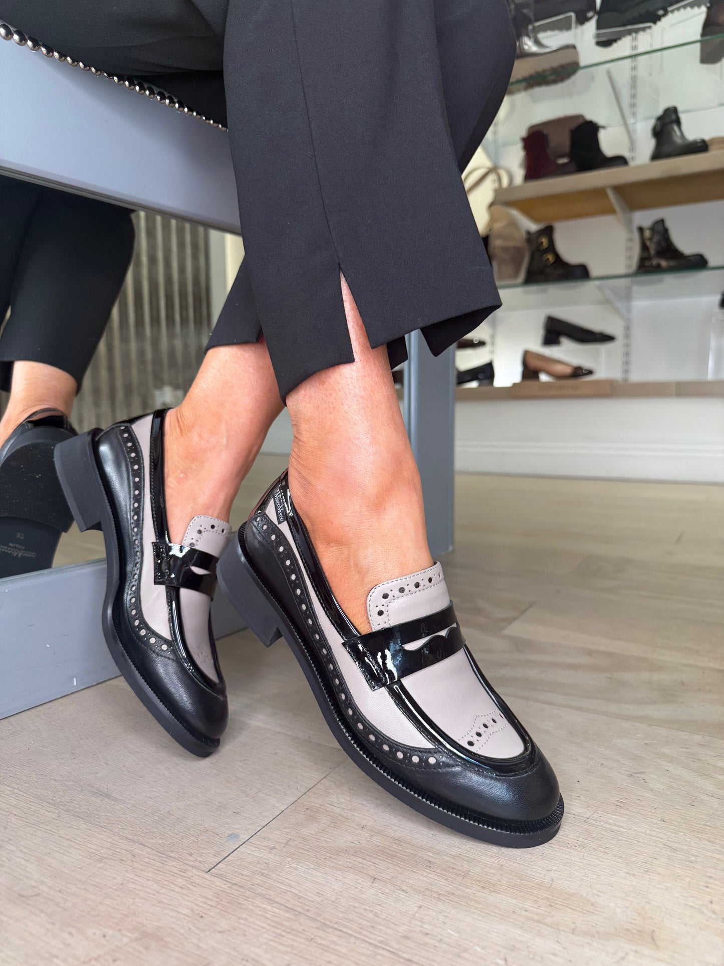 Marco Moreo- Black Nappa Leather With Mink Leather Inset With Black Patent Trim