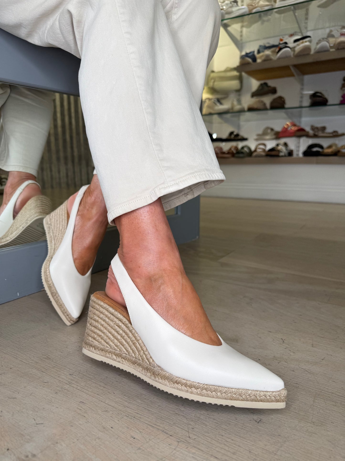 Unisa- Ivory Leather Pointy Toe Sling Back Espadrille Wedge