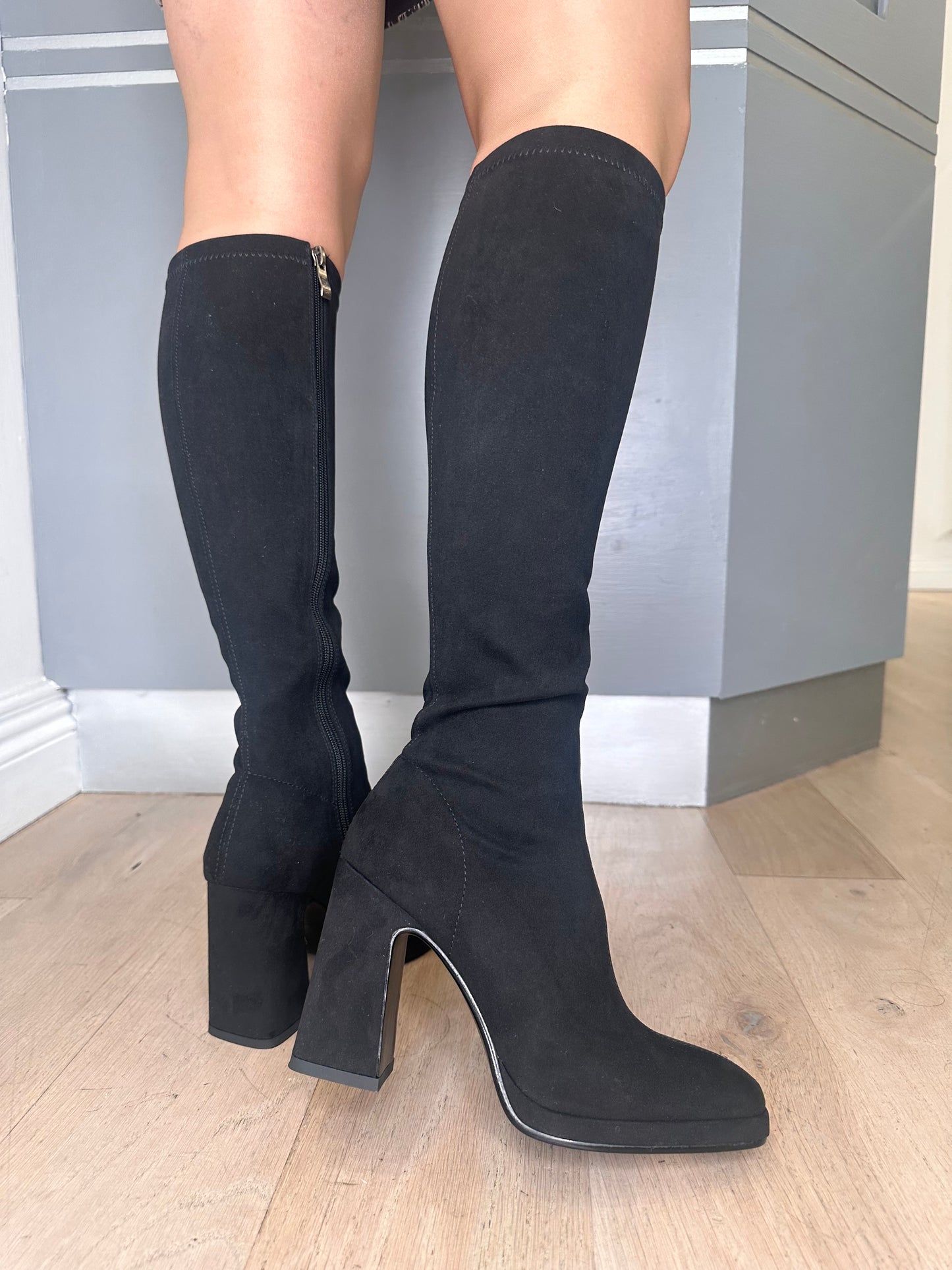 Lodi - Limbo Long Black Suede Fabric Block Heel Sock Boot