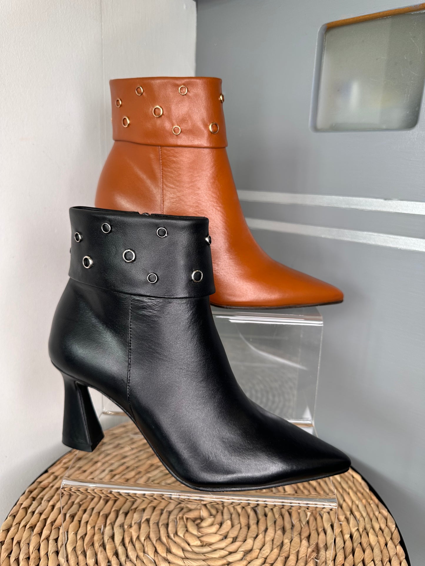 Lodi -Rosire Black Nappa Leather Pointy Toe Boot With Studded Cuff Detail