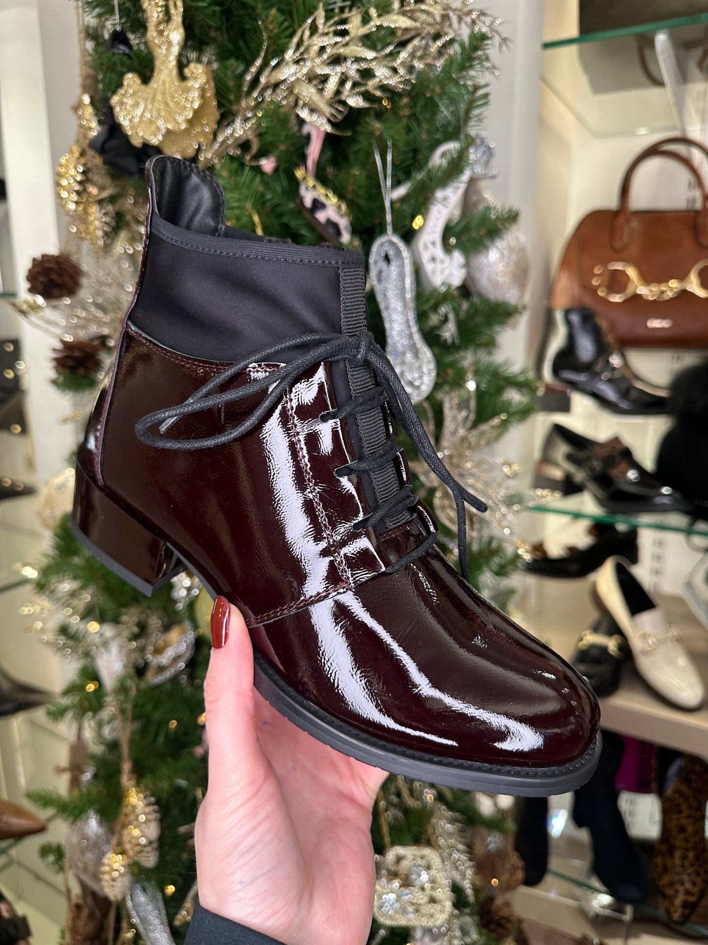 Loretta Vitale - Rich Burgundy Patent & Black Fabric Lace Up Boot