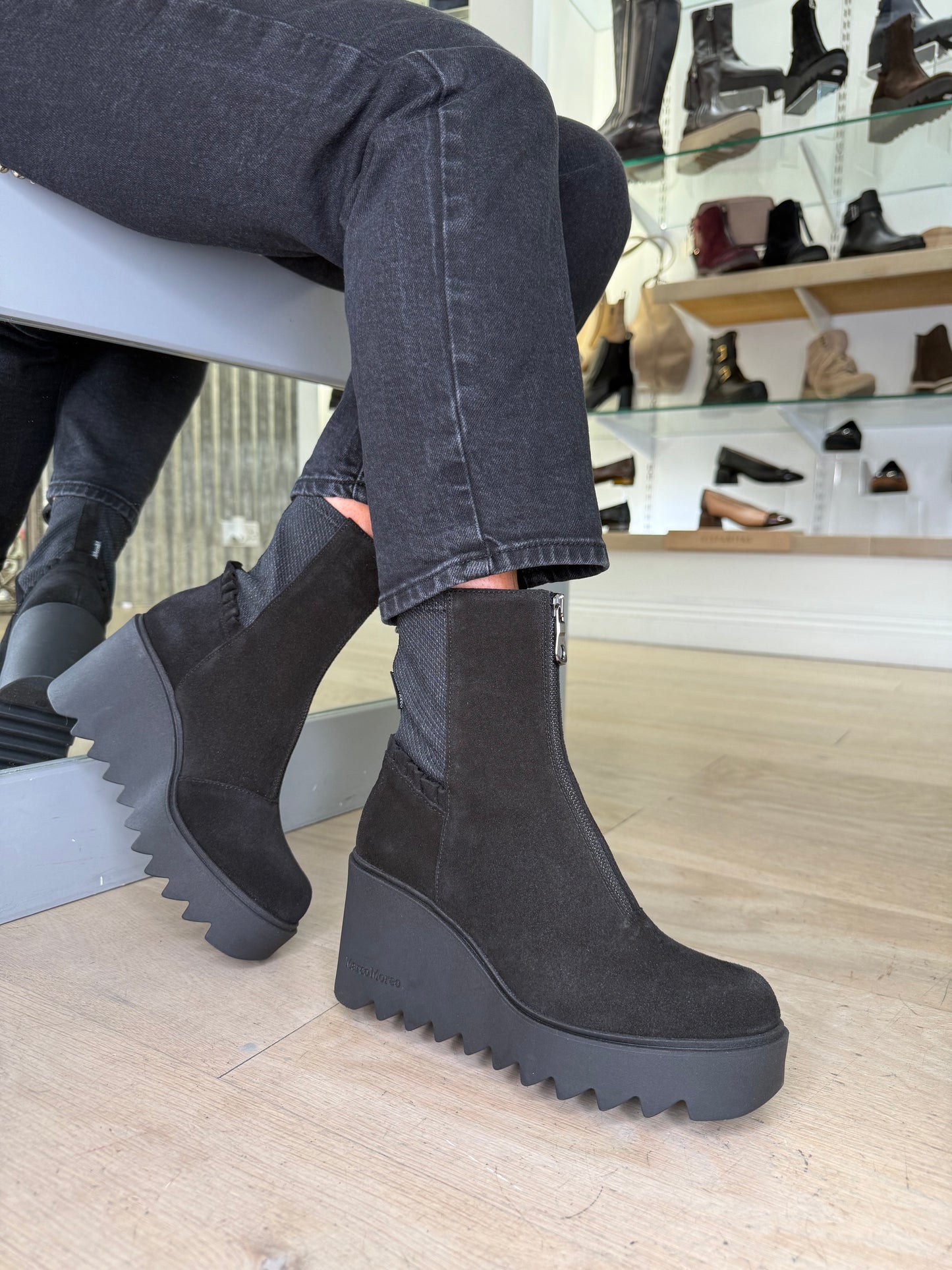 Marco Moreo - Black Suede Chunky Sole Wedge Boot With Frill Detail
