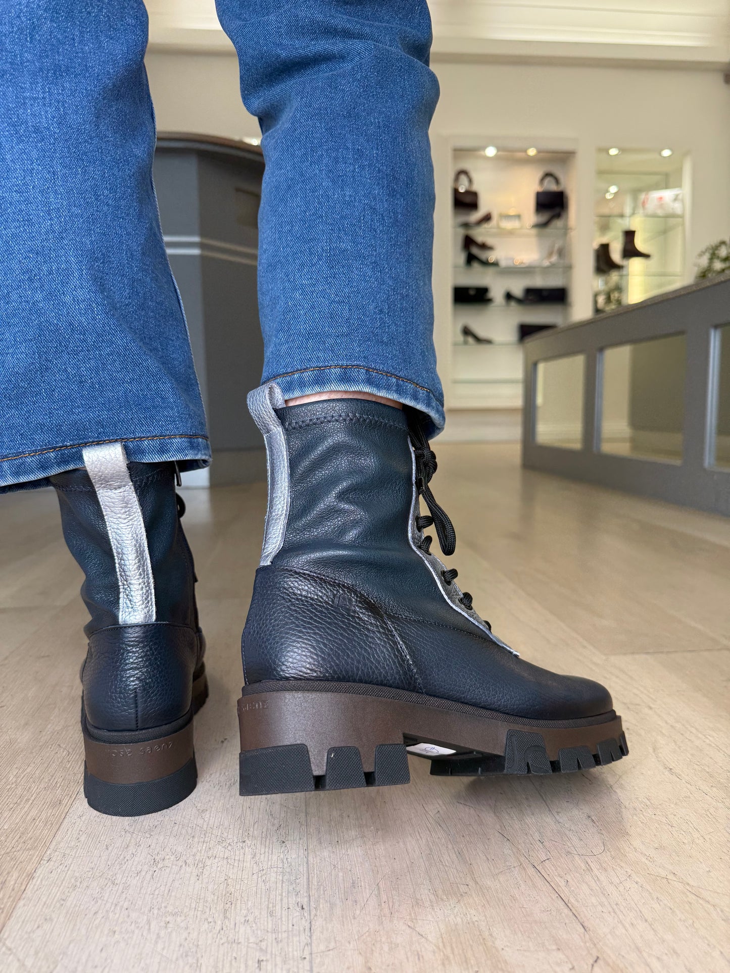 Jose Saenz -Dark Navy Leather Chunky Sole Lace Up Boot With Metallic Silver Trim