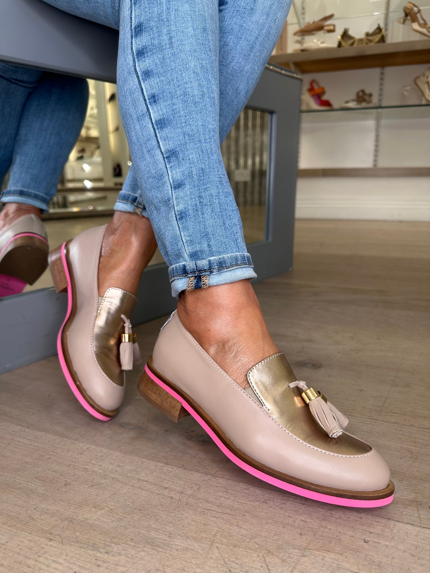 Marco Moreo - Rich Taupe Leather Loafer With A Soft Bronze Trim & Hot Pink Sole