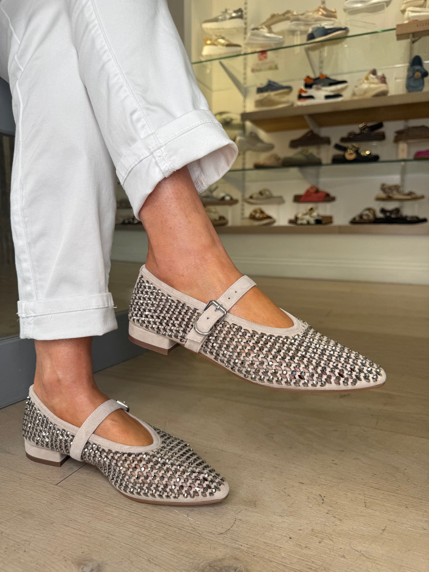 Pedro Anton (By Marian) - Soft Mink Suede Pointy Toe Diamante Mary Jane Pomp Shoe