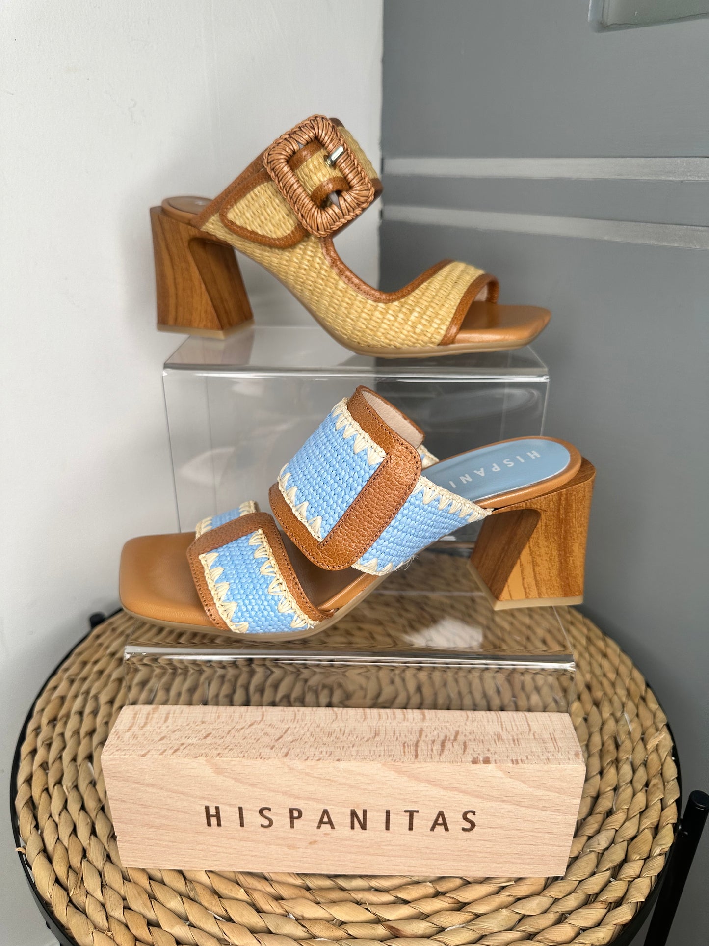 Hispanitas - Sky Blue/Tan Raffia  2 Strap Mule