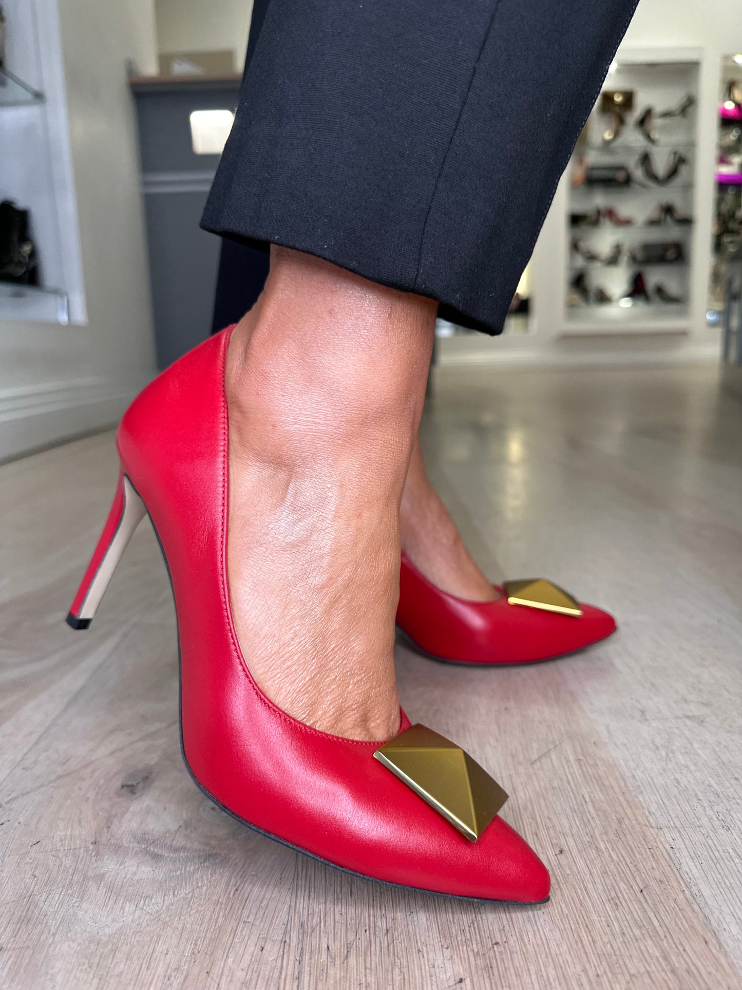Emis -Blood Red High Pointy Toe Court Shoe With Matt Gold Trim