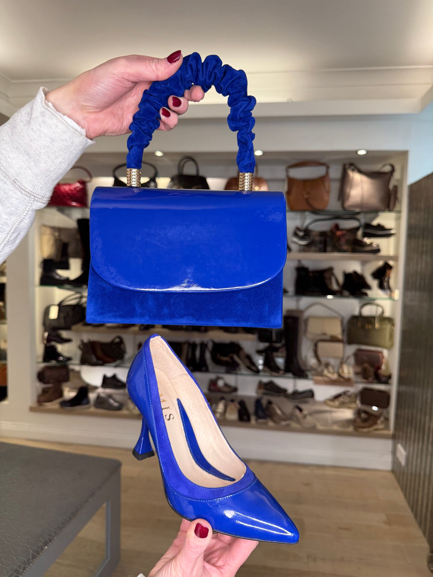 Emis - Cobalt Blue Soft Patent/ Suede Trim Pointy Toe Court Shoe