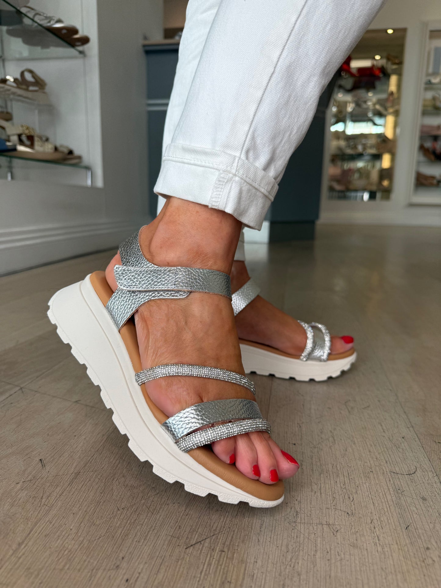 Oh My Sandals - Soft Silver Metallic Strappy Diamante Sporty Sole Sandal